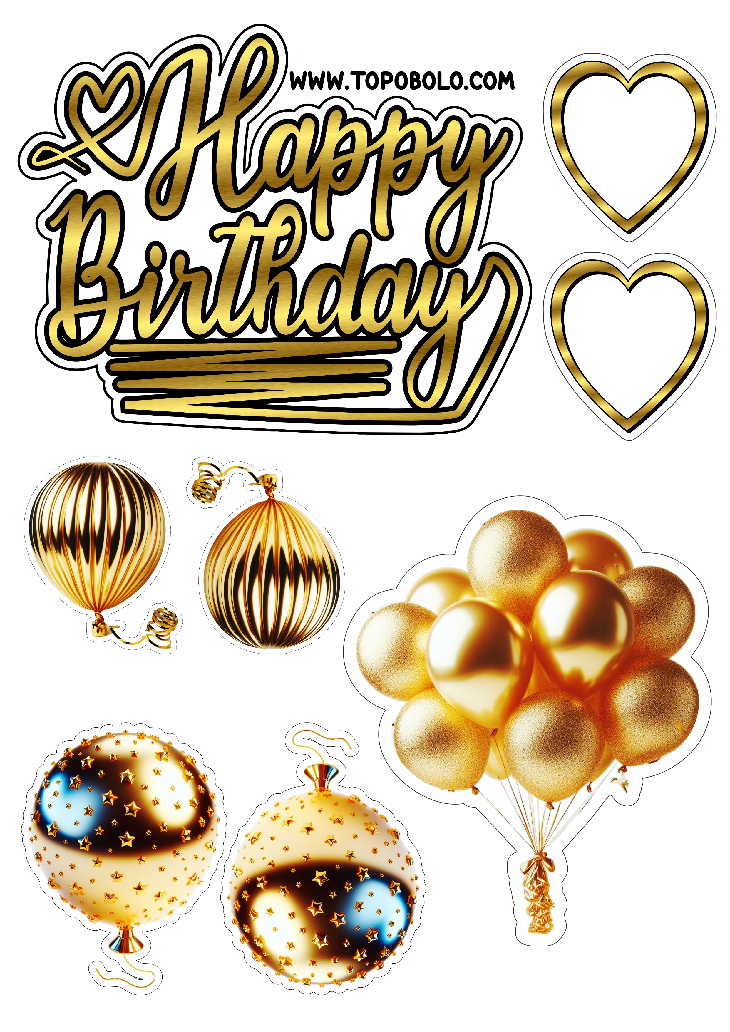 Topo de bolo para imprimir Happy Birthday aniversário dourado com corações e balões artigos personalizados grátis clipart png