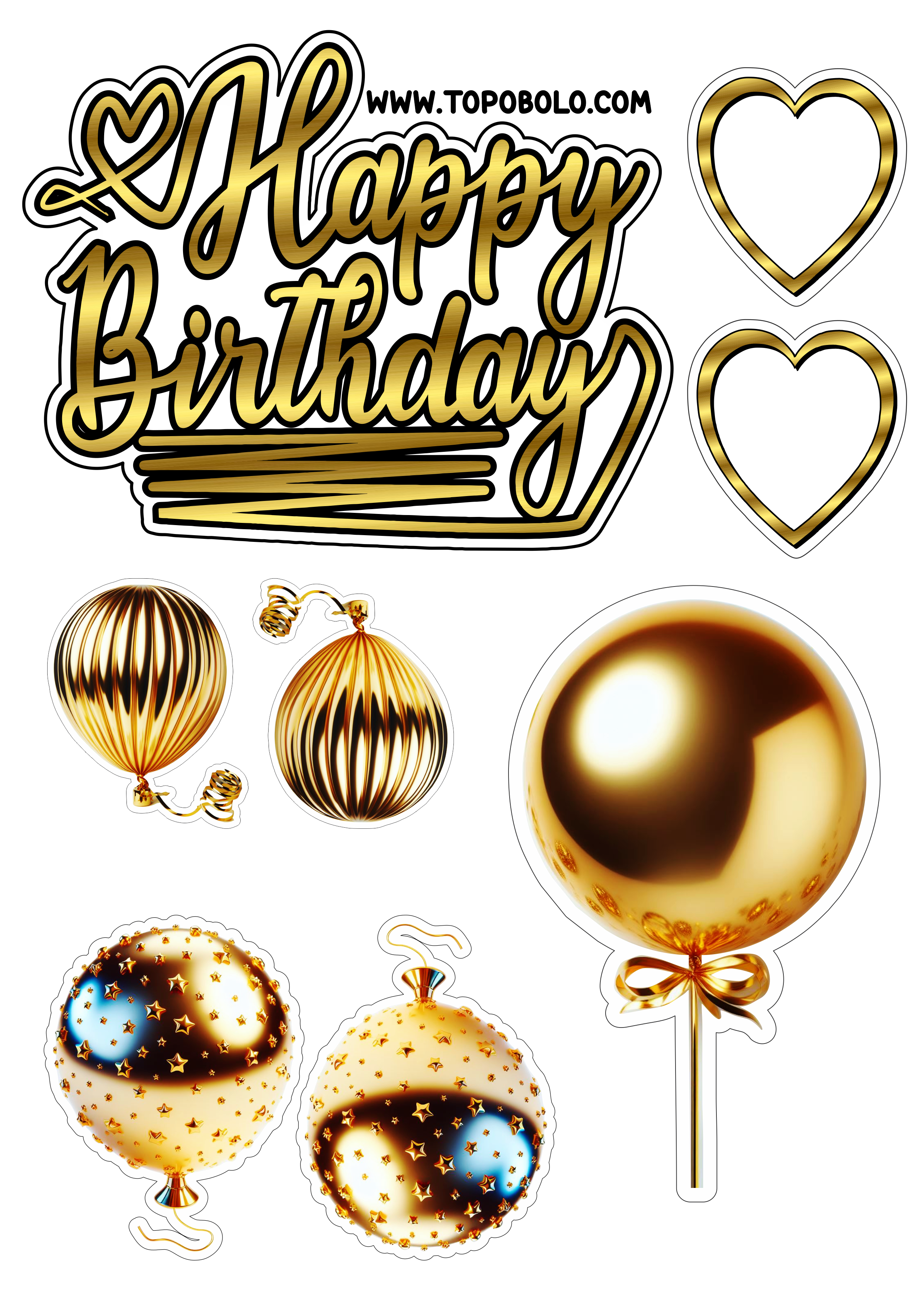 Topo de bolo para imprimir Happy Birthday aniversário dourado com corações e balões artigos personalizados grátis festa pronta png