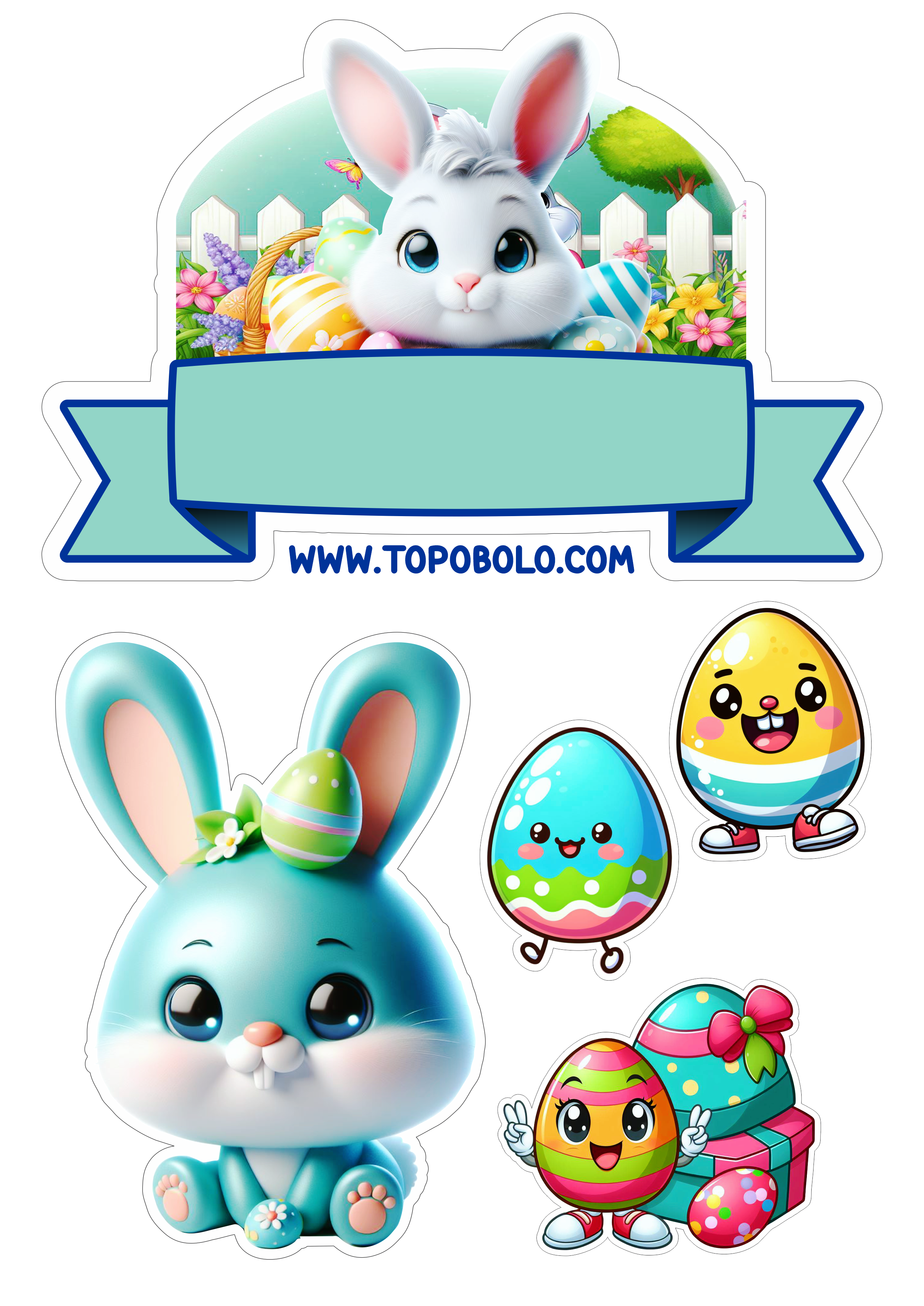 Feliz páscoa coelhinho fofinho e ovos de chocolate decoração de aniversário infantil png