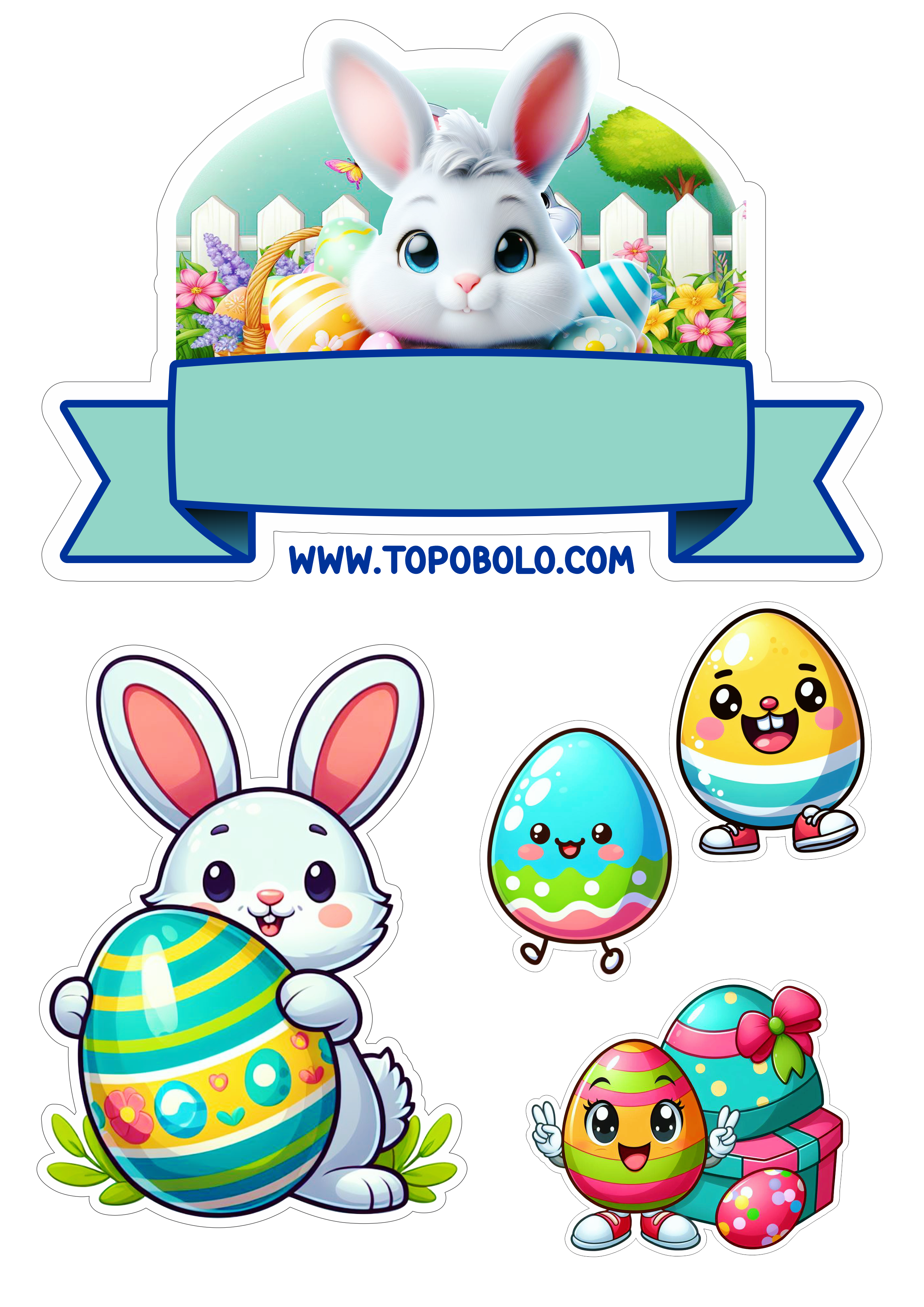 Feliz páscoa coelhinho fofinho e ovos de chocolate decoração de aniversário infantil pronto para imprimir png