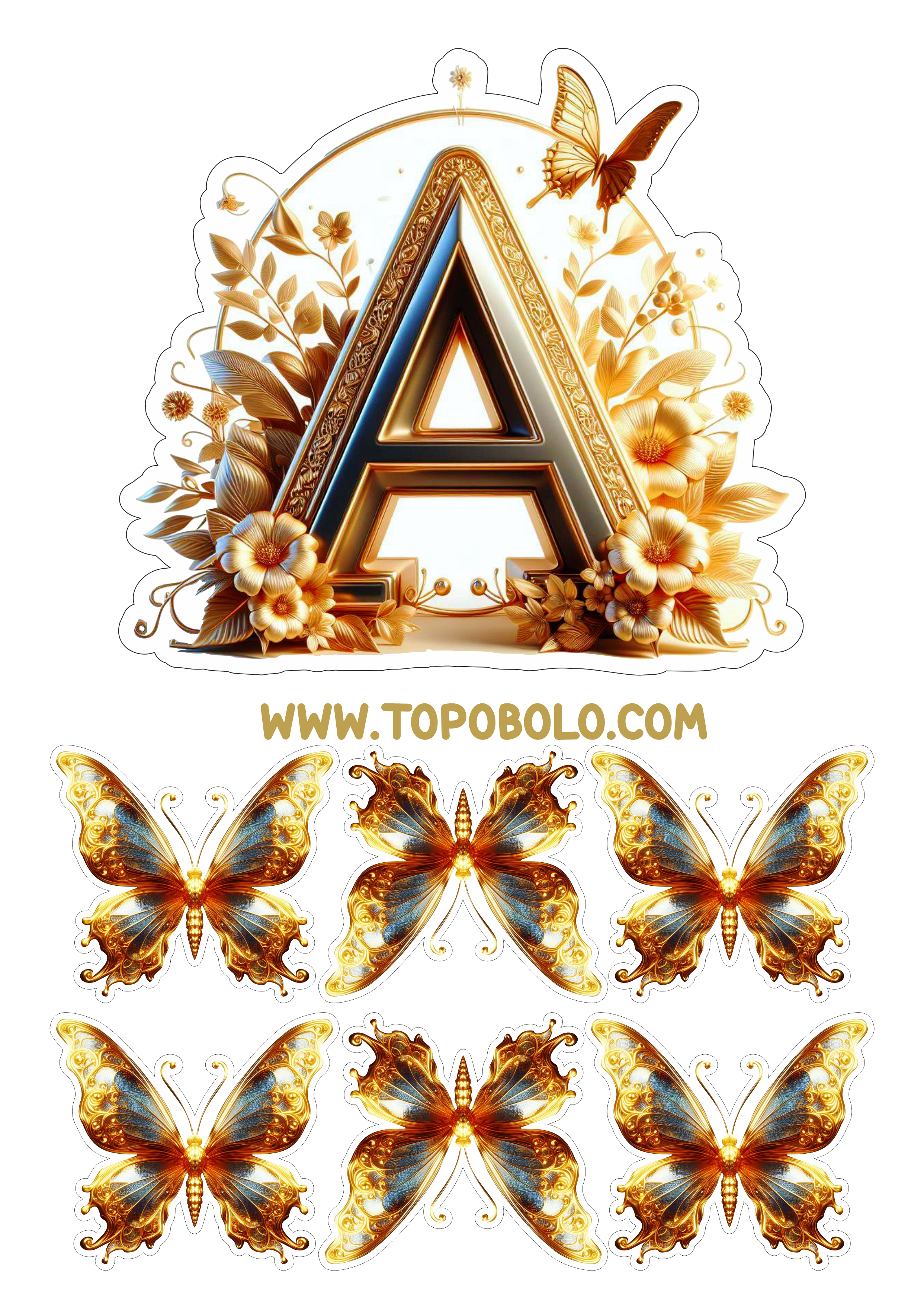 Topo de bolo letras douradas com borboletas aniversário personalizado png