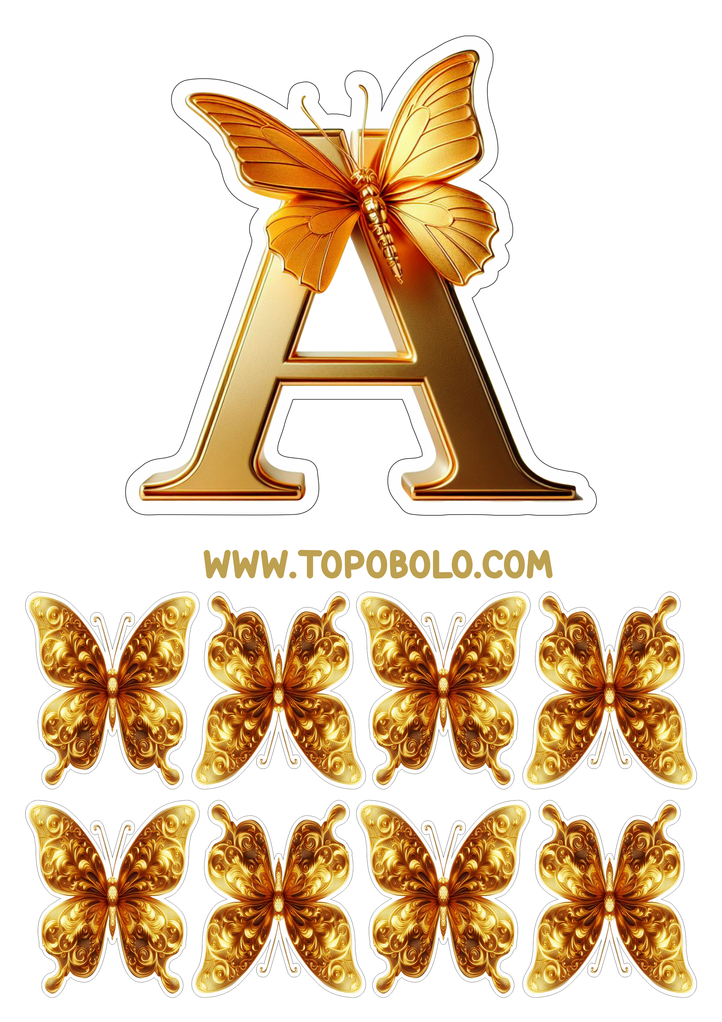 Topo de bolo letras douradas com borboletas aniversário personalizado para imprimir png