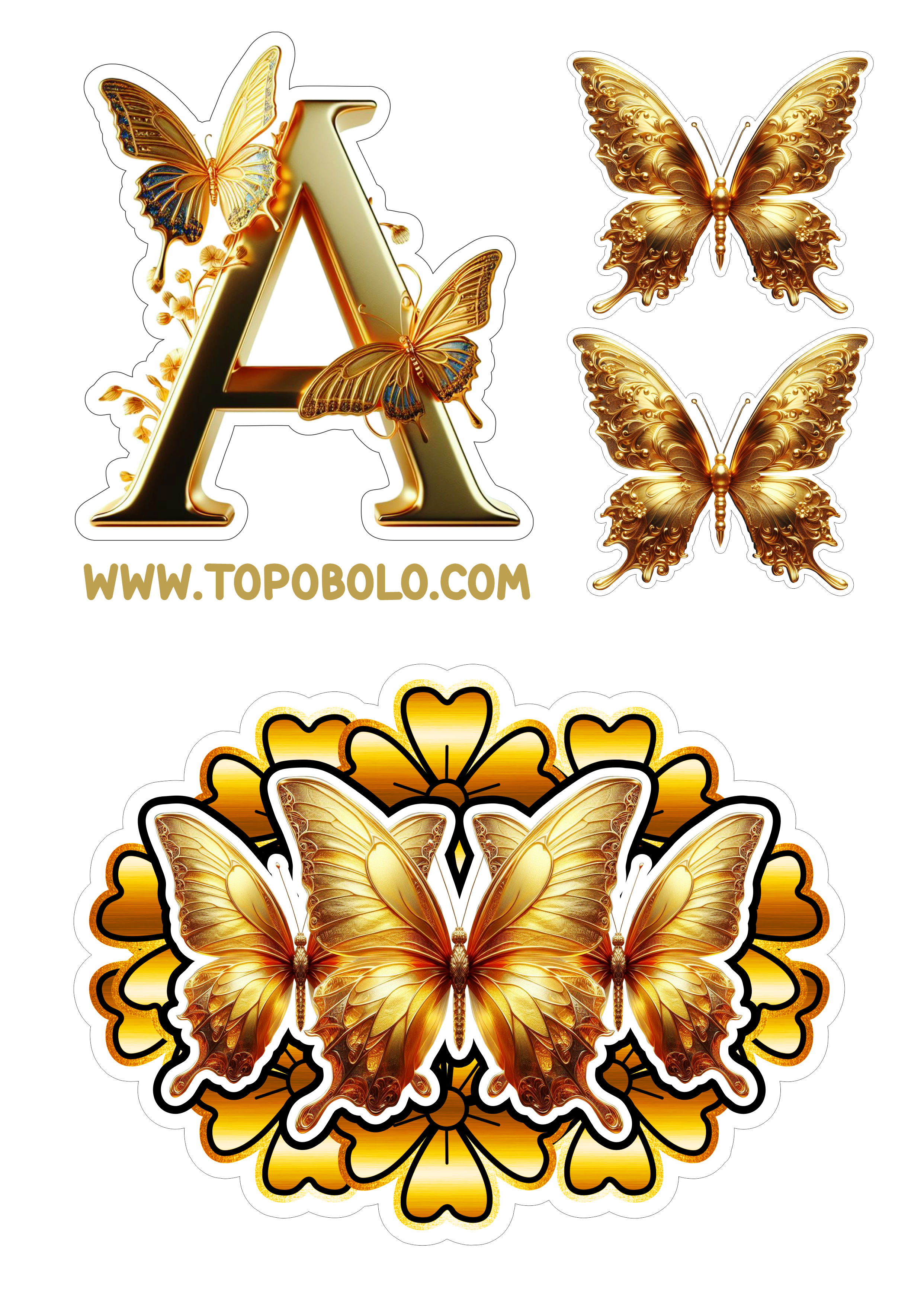 Topo de bolo letras douradas com borboletas e flores png