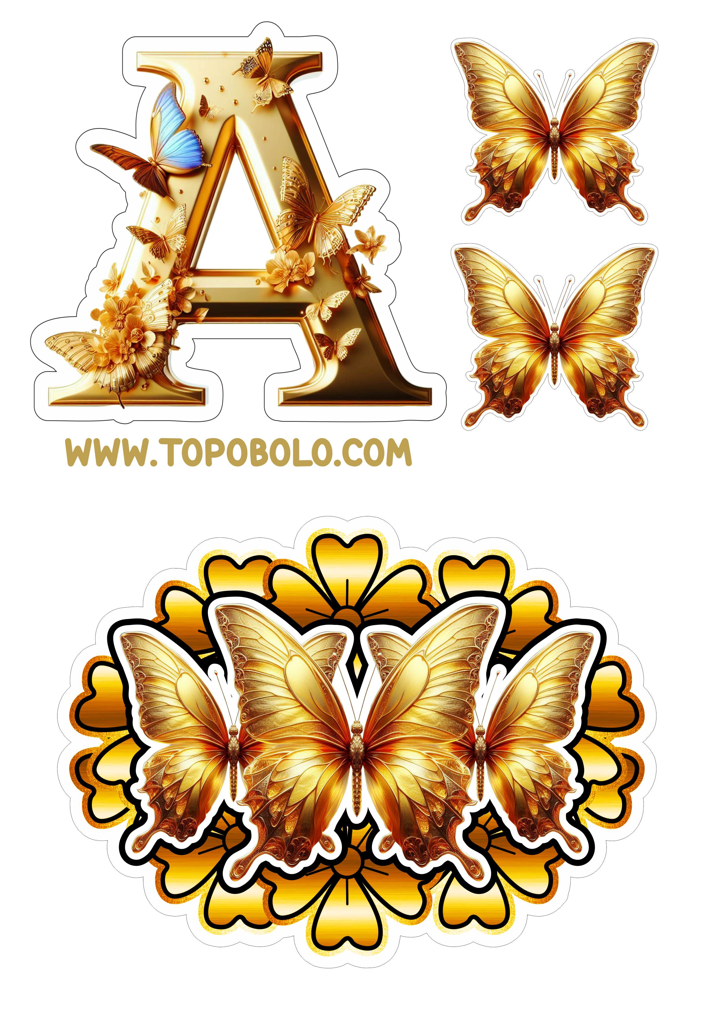 Topo de bolo letras douradas com borboletas e flores aniversário png