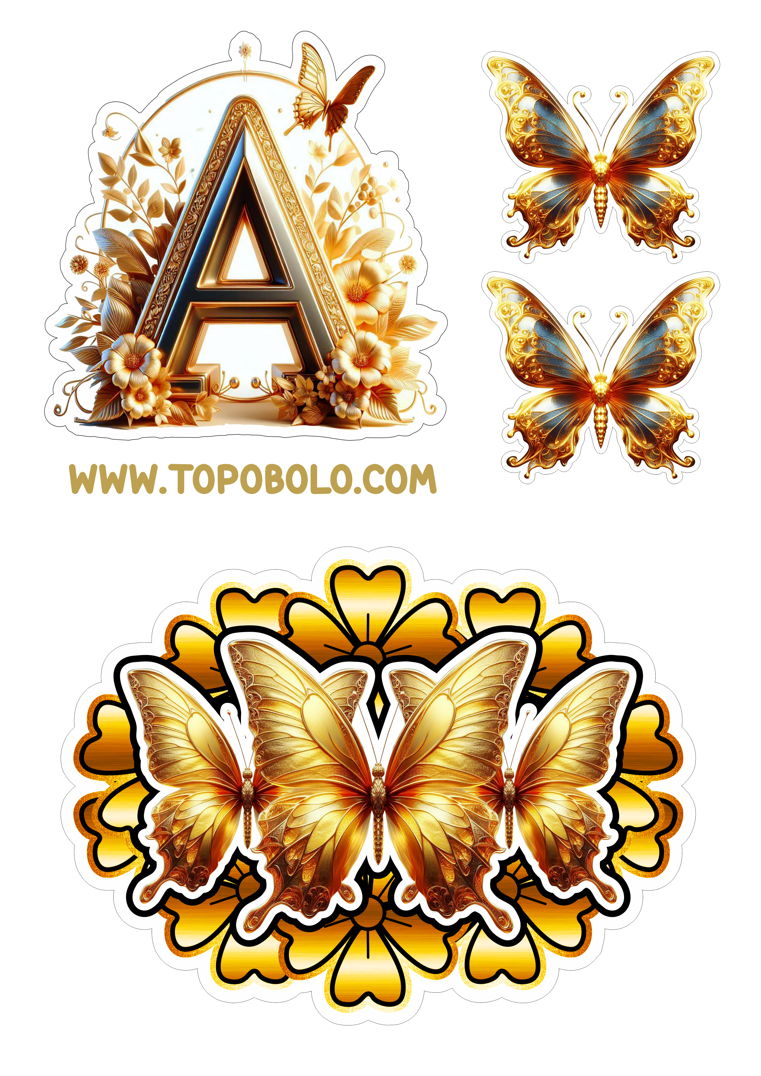 Topo de bolo letras douradas com borboletas e flores aniversário personalizado png