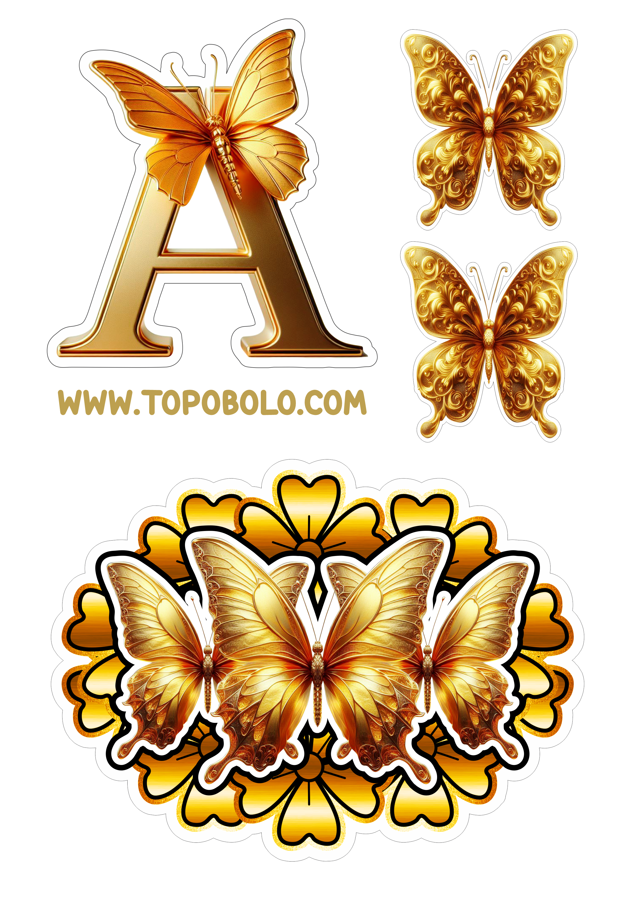 Topo de bolo letras douradas com borboletas e flores aniversário personalizado grátis png