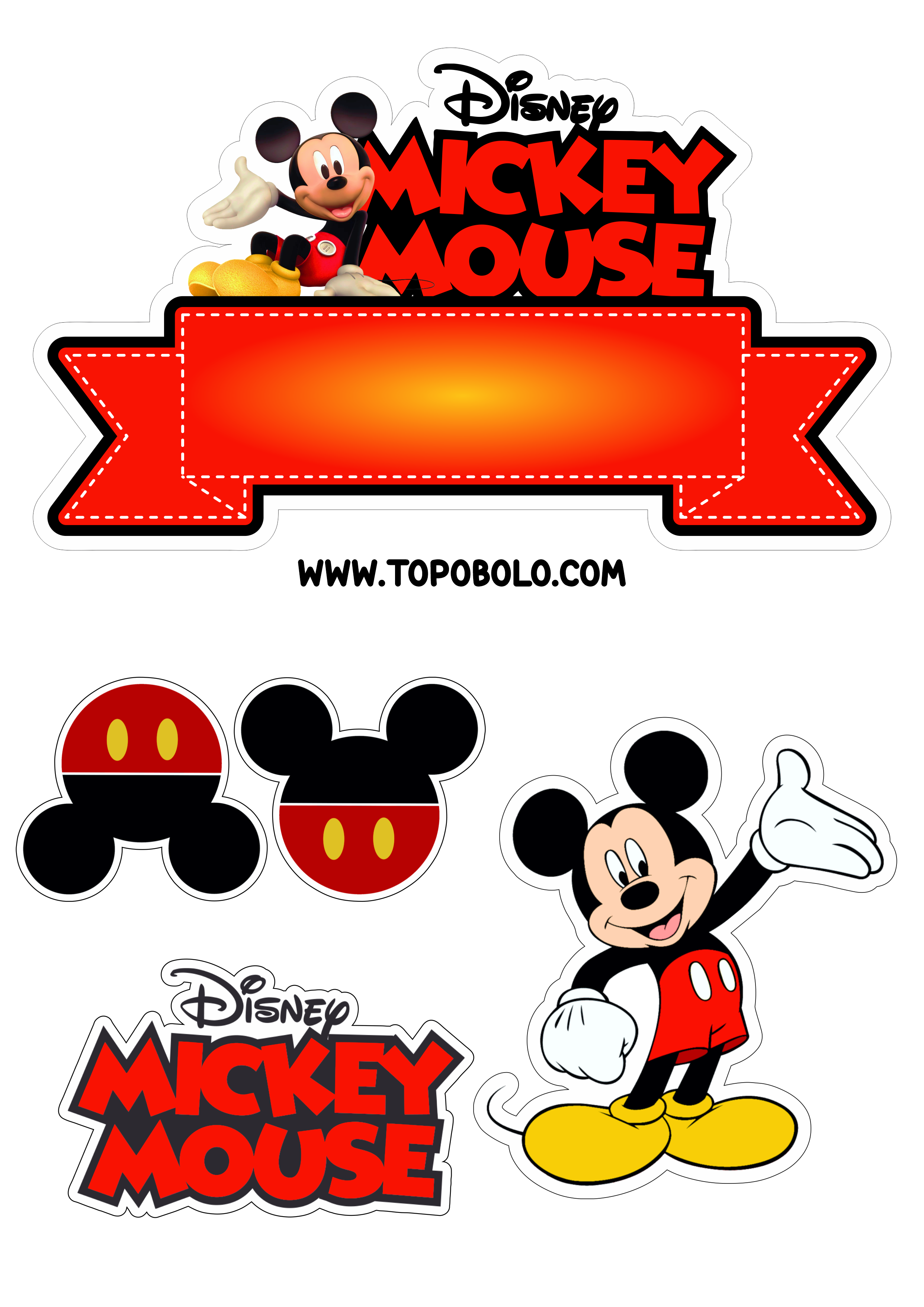 Topo de bolo Mickey Mouse festa de aniversário infantil Disney desenho infantil papelaria criativa arquivo de recorte png