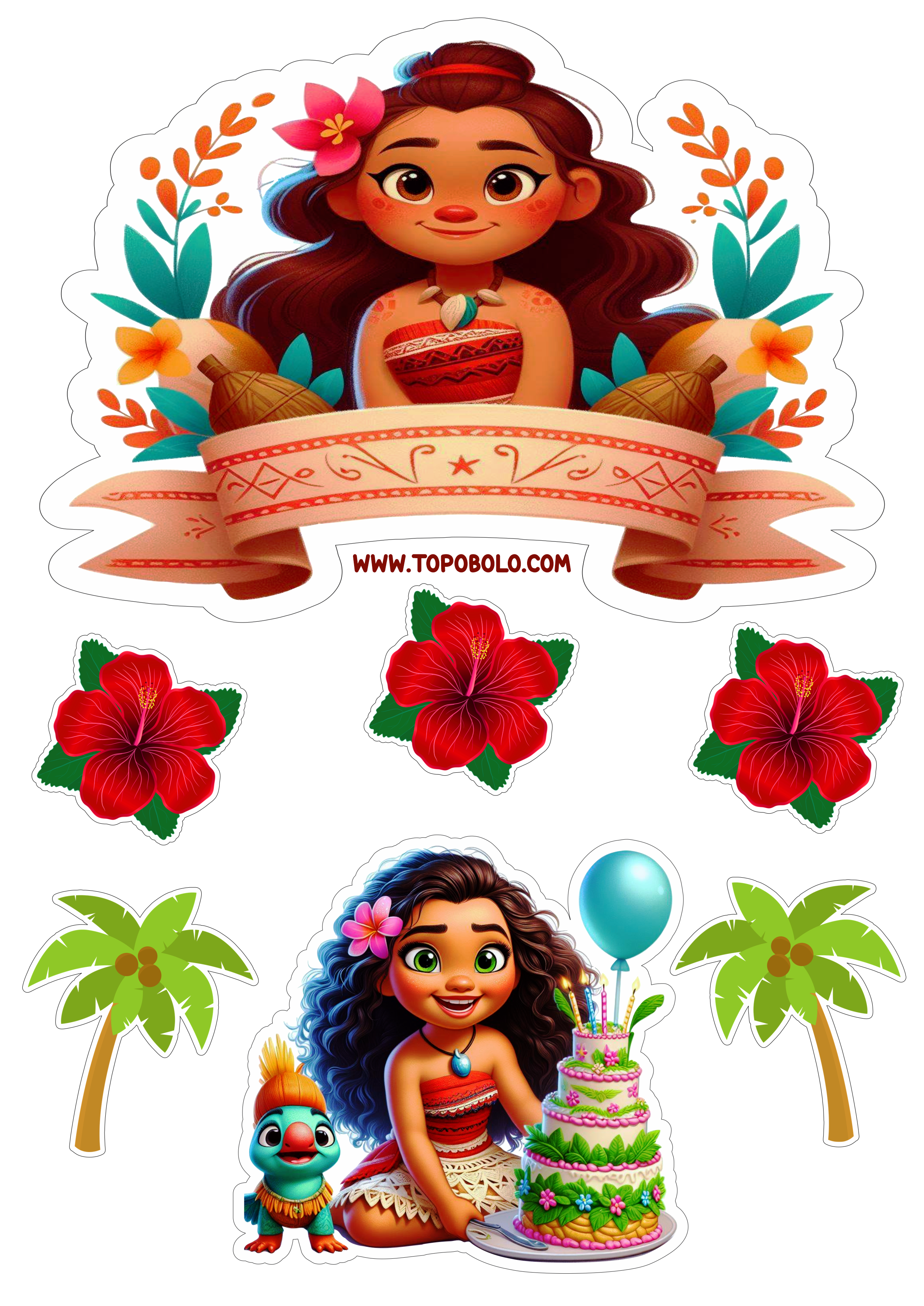 Topo de bolo Moana aniversário infantil decoração de festa papelaria criativa personalizado coqueiro png