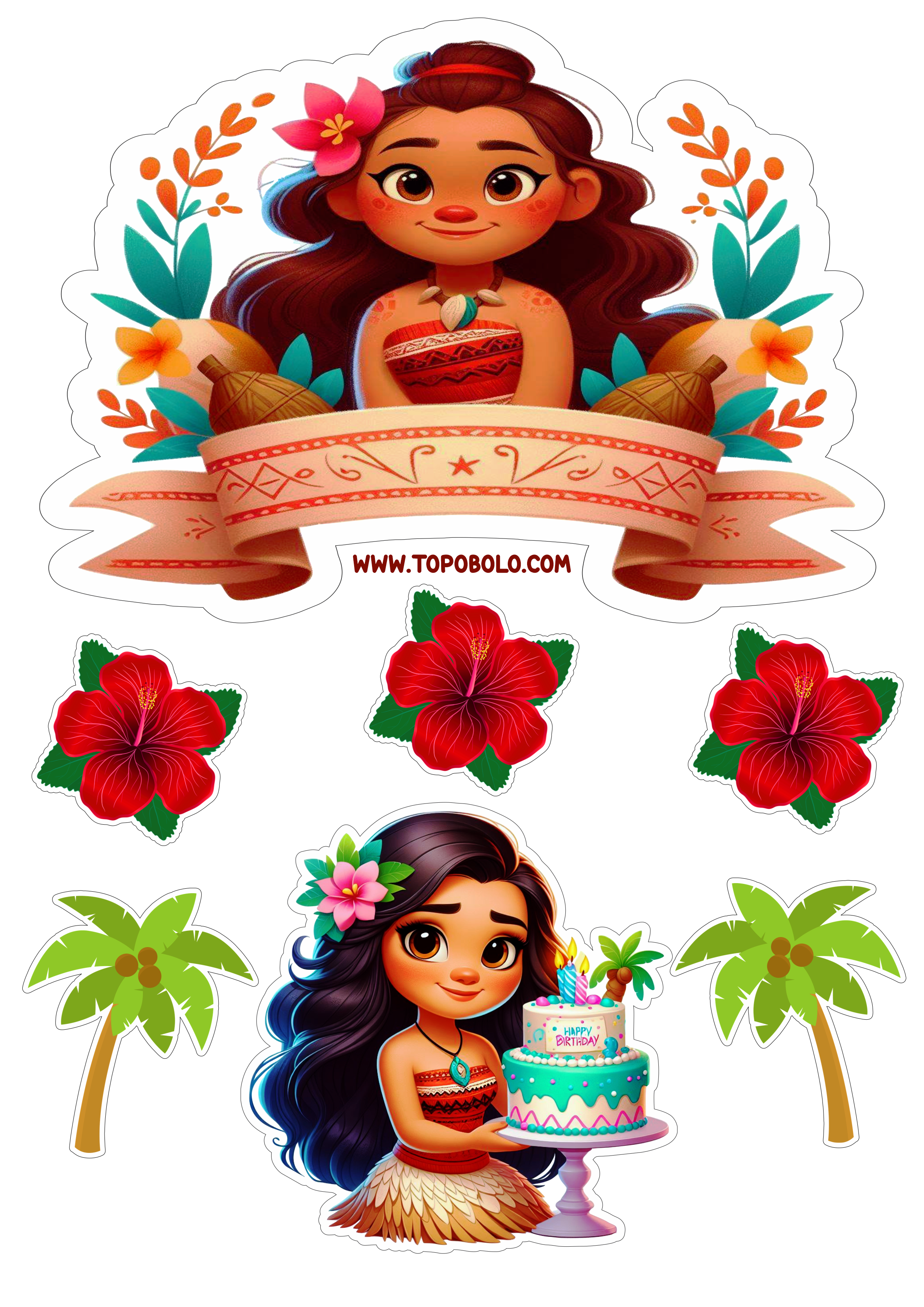 Topo de bolo Moana aniversário infantil decoração de festa papelaria criativa personalizado coqueiro flores png