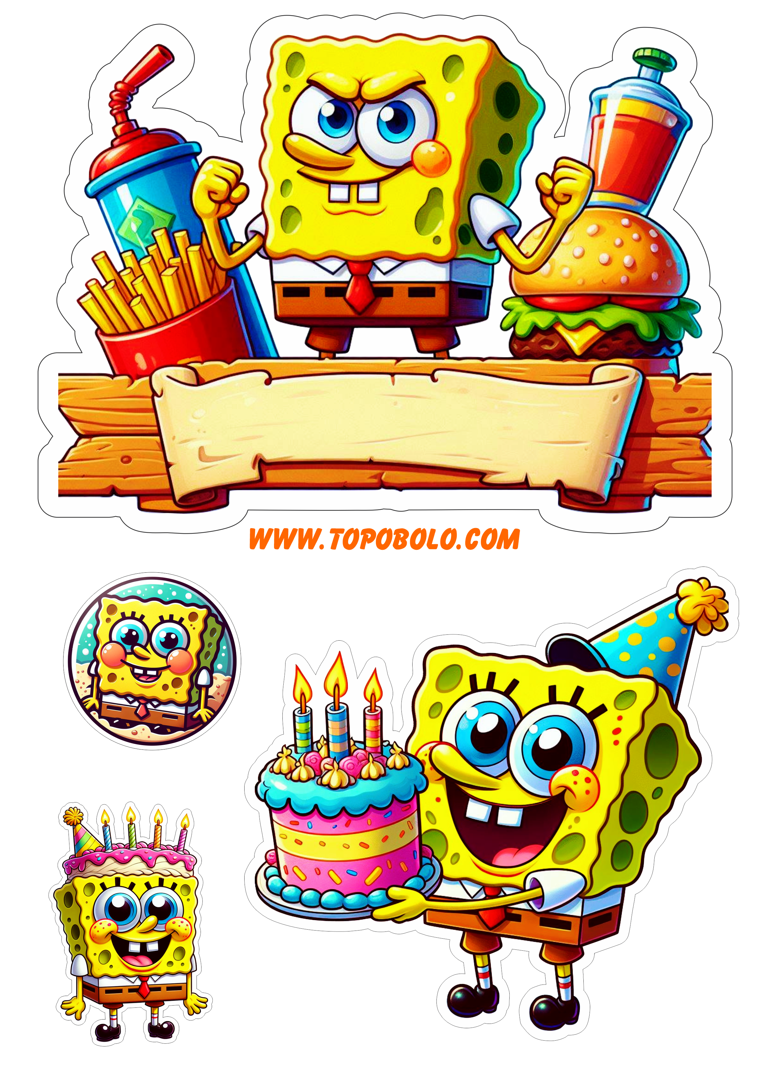 Topo de bolo Bob Esponja festa infantil personalizada papelaria criativa pronto para imprimir e decorar png