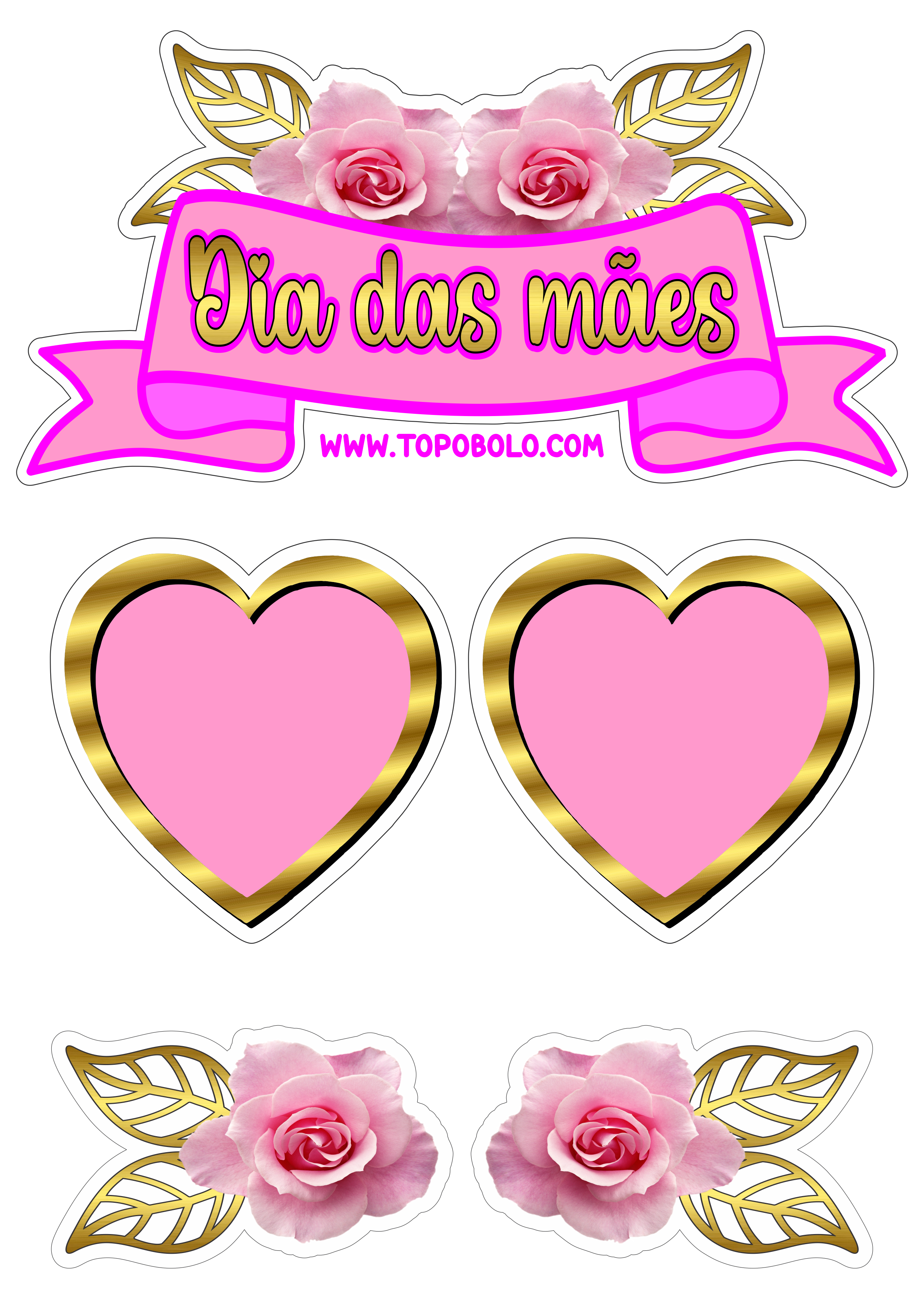 Topo de bolo Dia das mães decoração dourada com flores corações rosa pink png