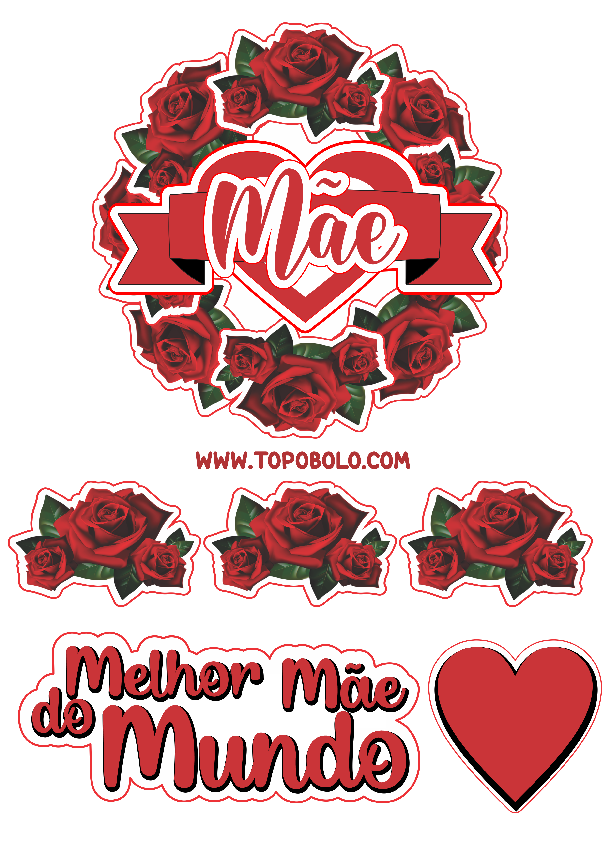Dia das mães topo de bolo flores rosas vermelhas melhor mãe do mundo coração png