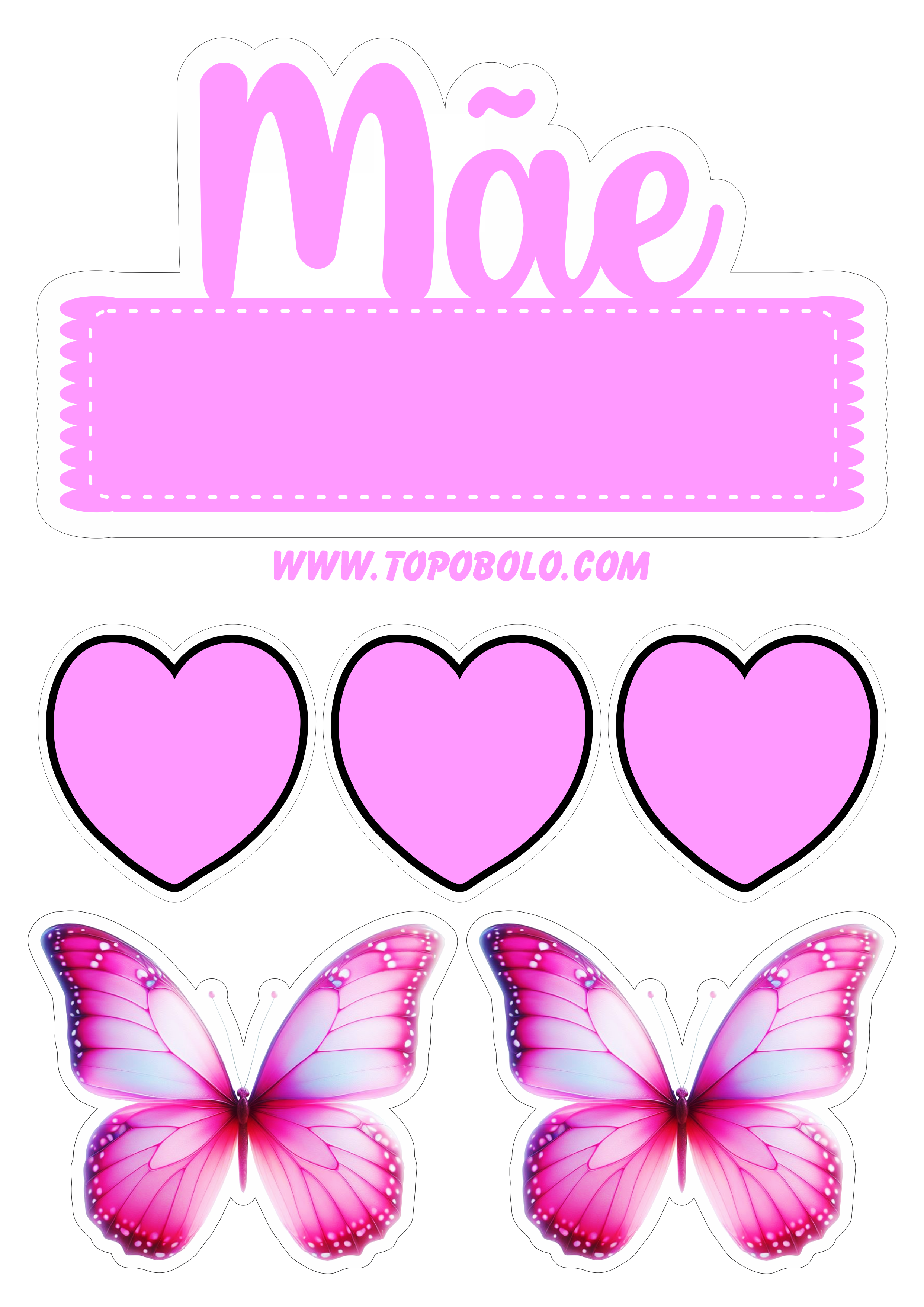 Mãe topo de bolo com corações e borboletas brilhantes rosa decoração de festa png