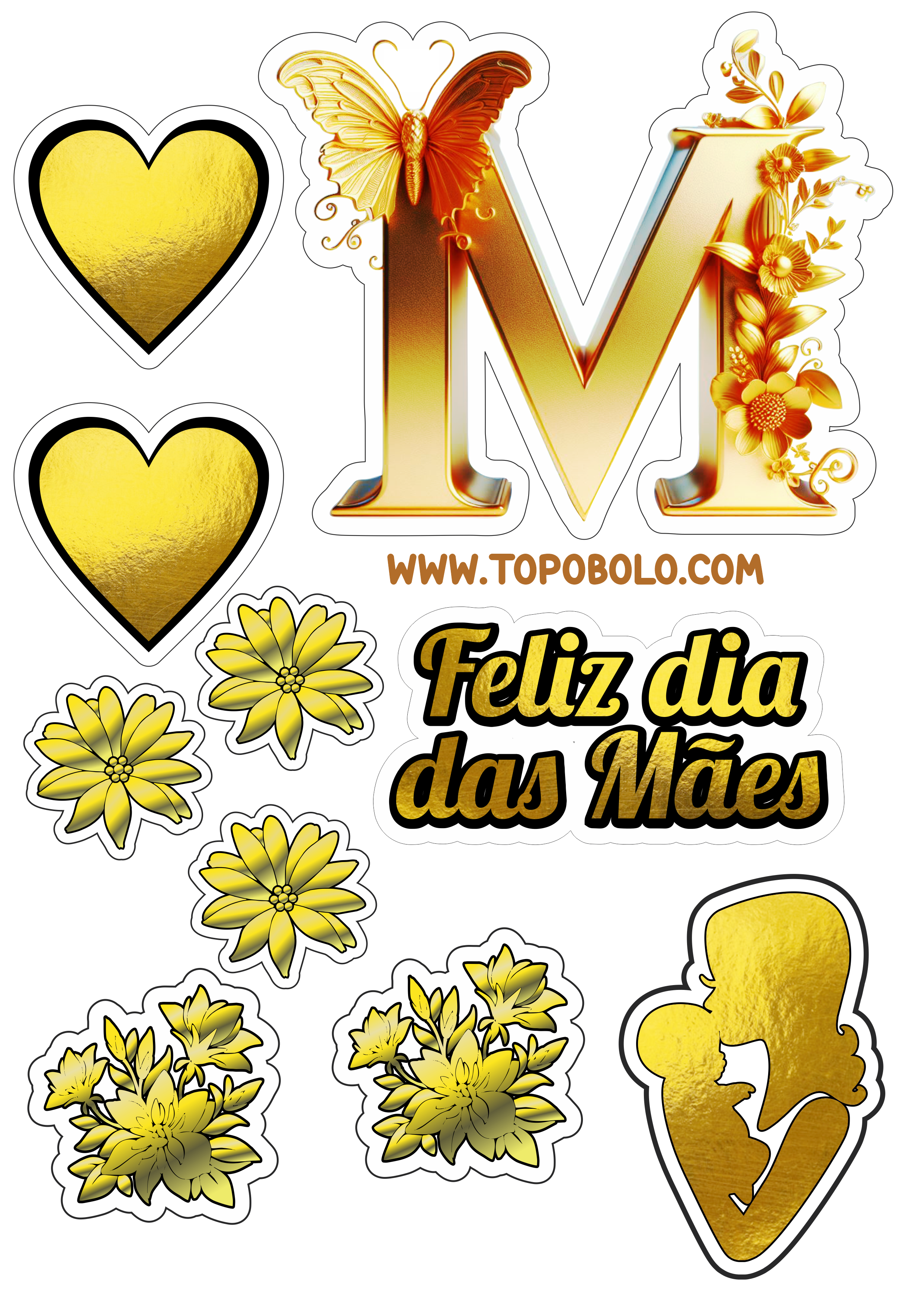 Dia das mães dourado topo de bolo com corações para imprimir decoração para festa papelaria criativa flores png