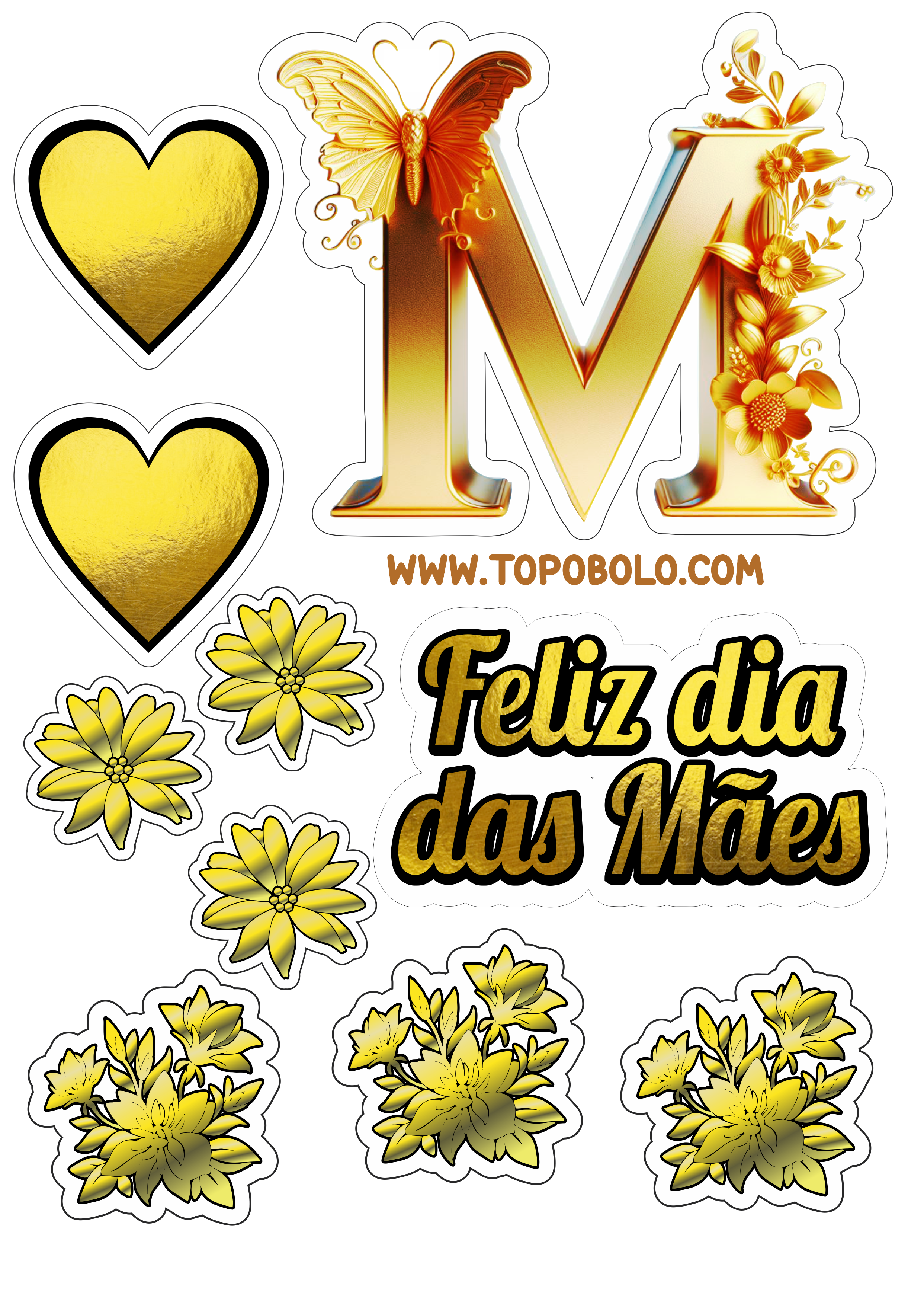 Dia das mães dourado topo de bolo com corações para imprimir decoração para festa papelaria criativa flores mother png