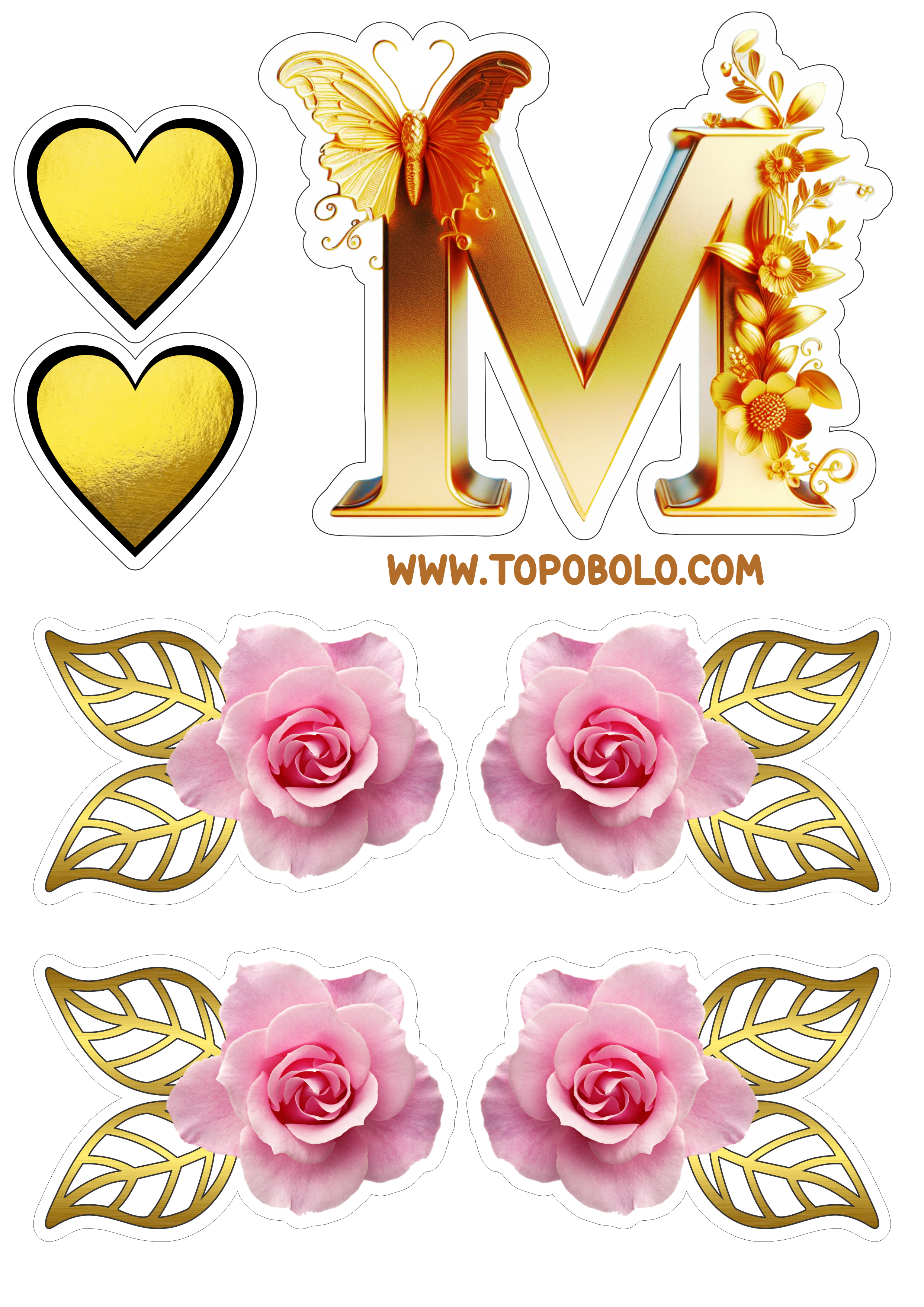 Topo de bolo dia das mães dourado flores e corações rosa pronto para imprimir png
