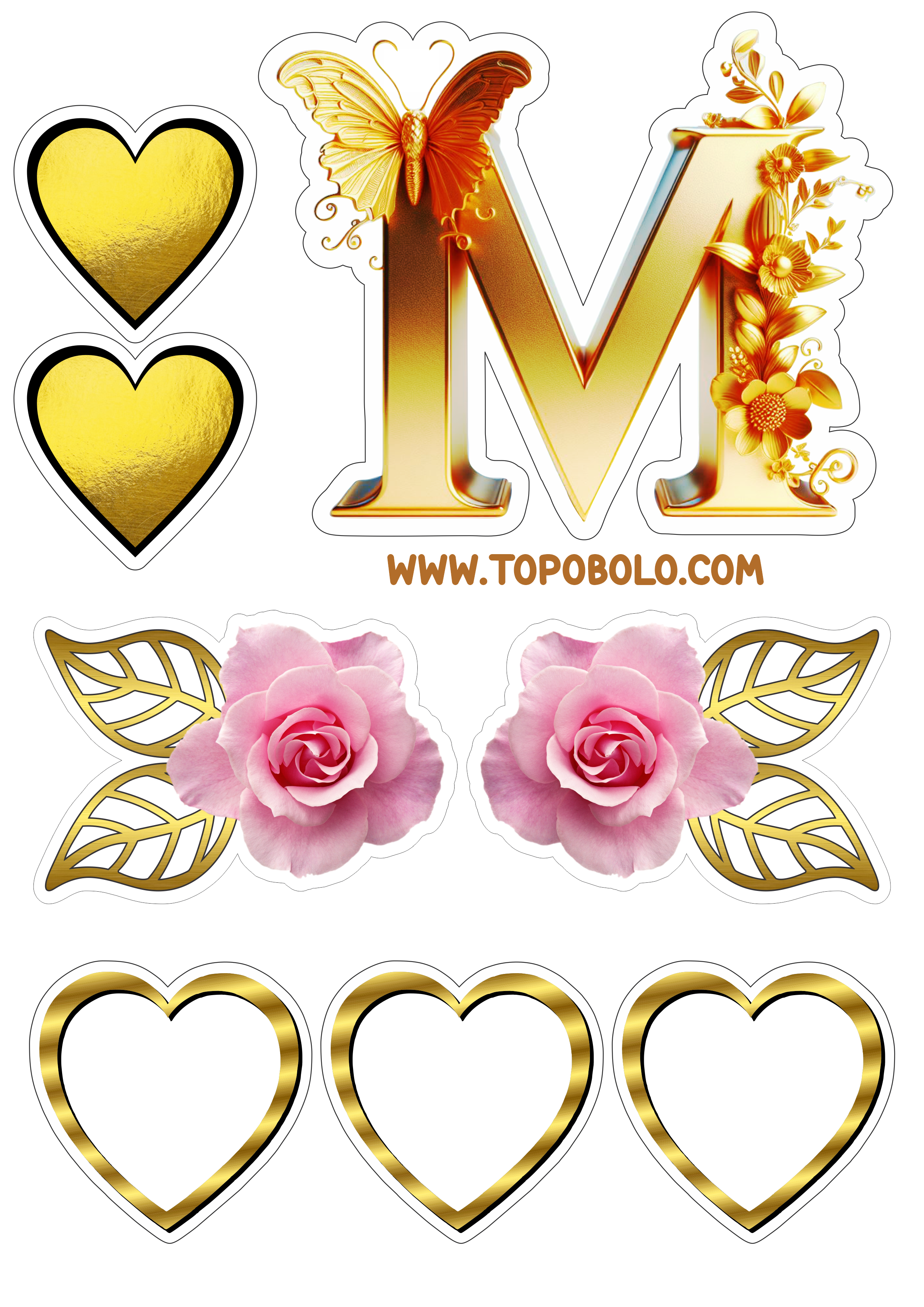 Topo de bolo dia das mães dourado flores e corações rosa pronto para imprimir papelaria criativa contorno png