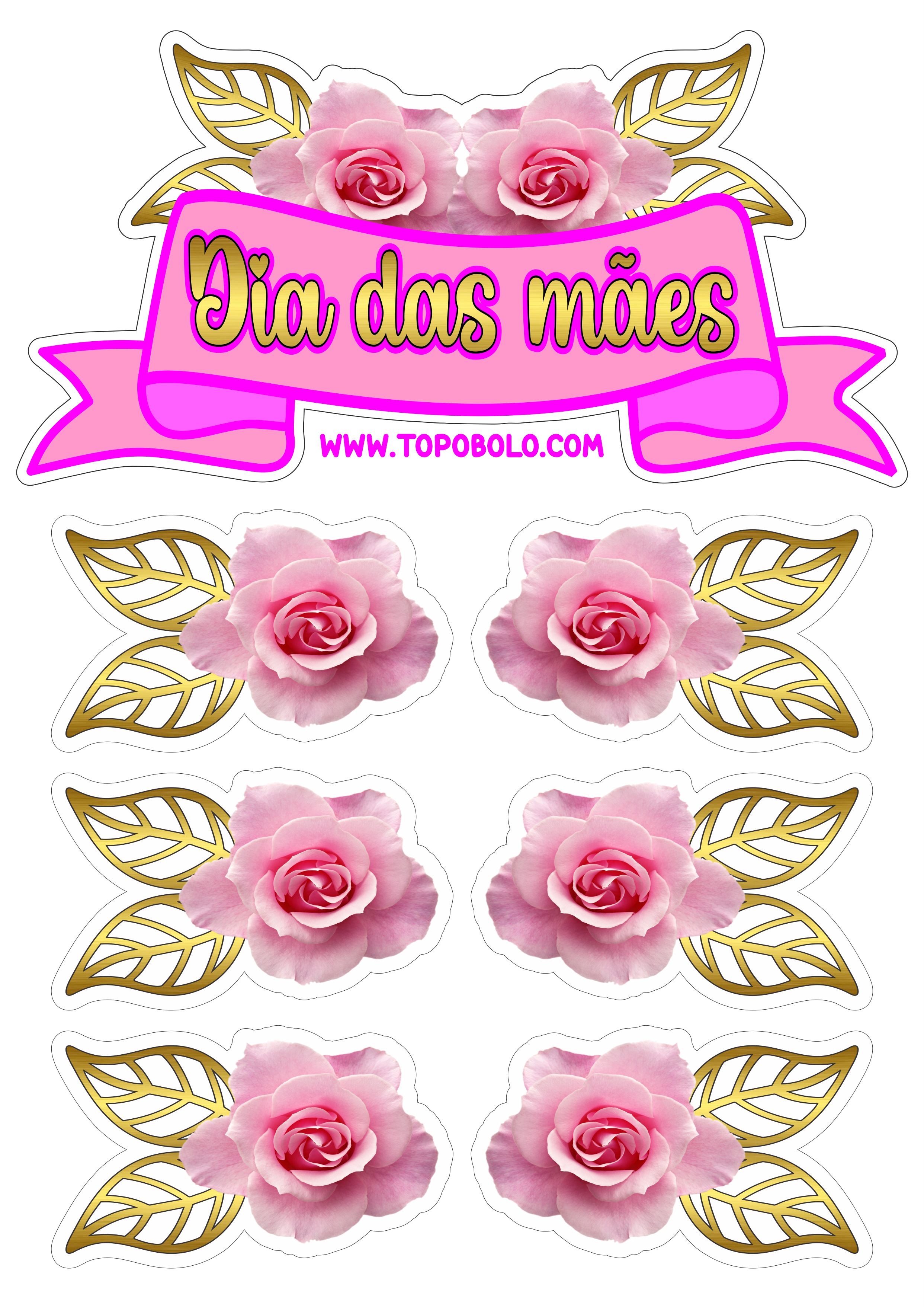 Topo de bolo Dia das mães decoração dourada com flores png