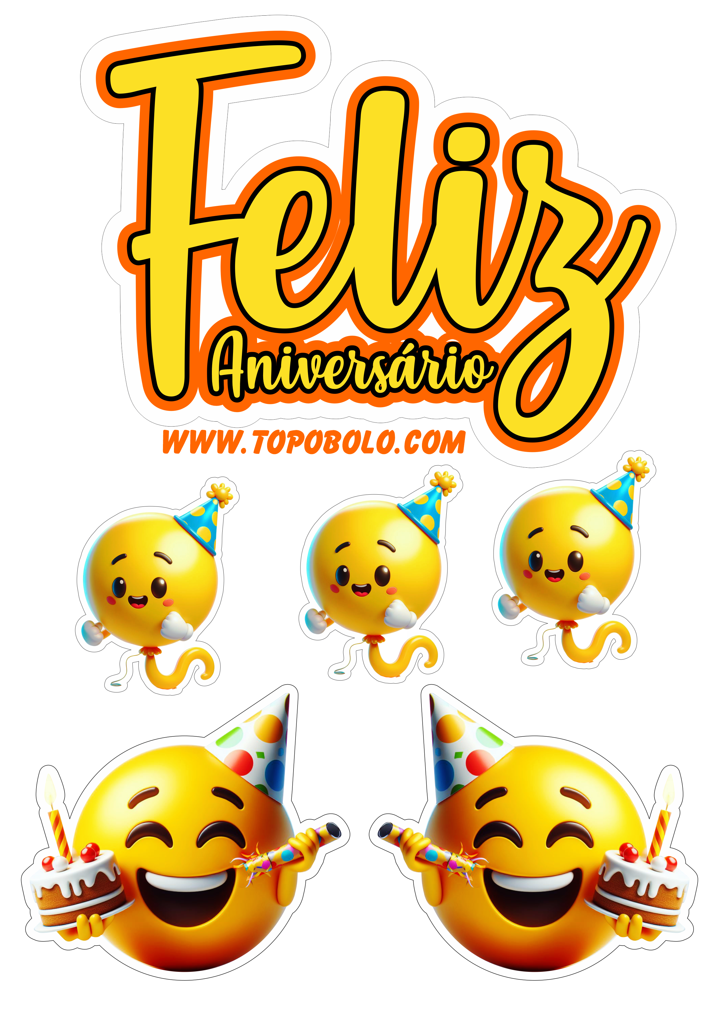 Topo de bolo feliz aniversário emojis engraçados festa personalizada png