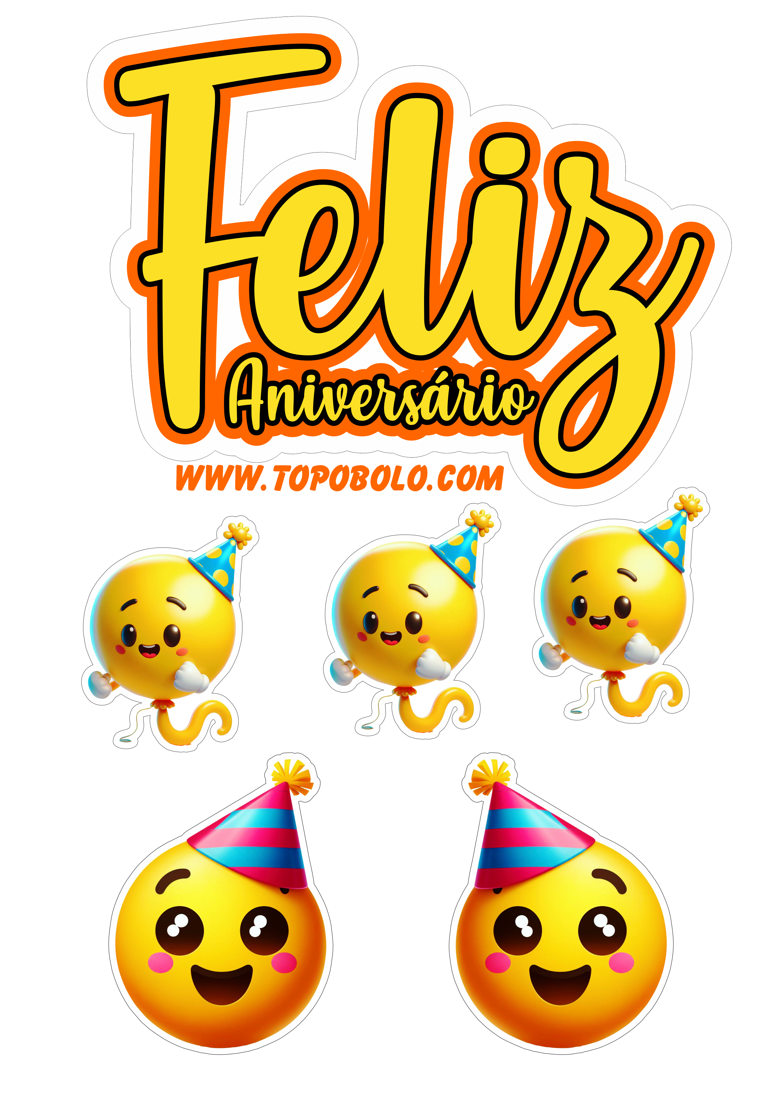 Topo de bolo feliz aniversário emojis engraçados festa pronta png