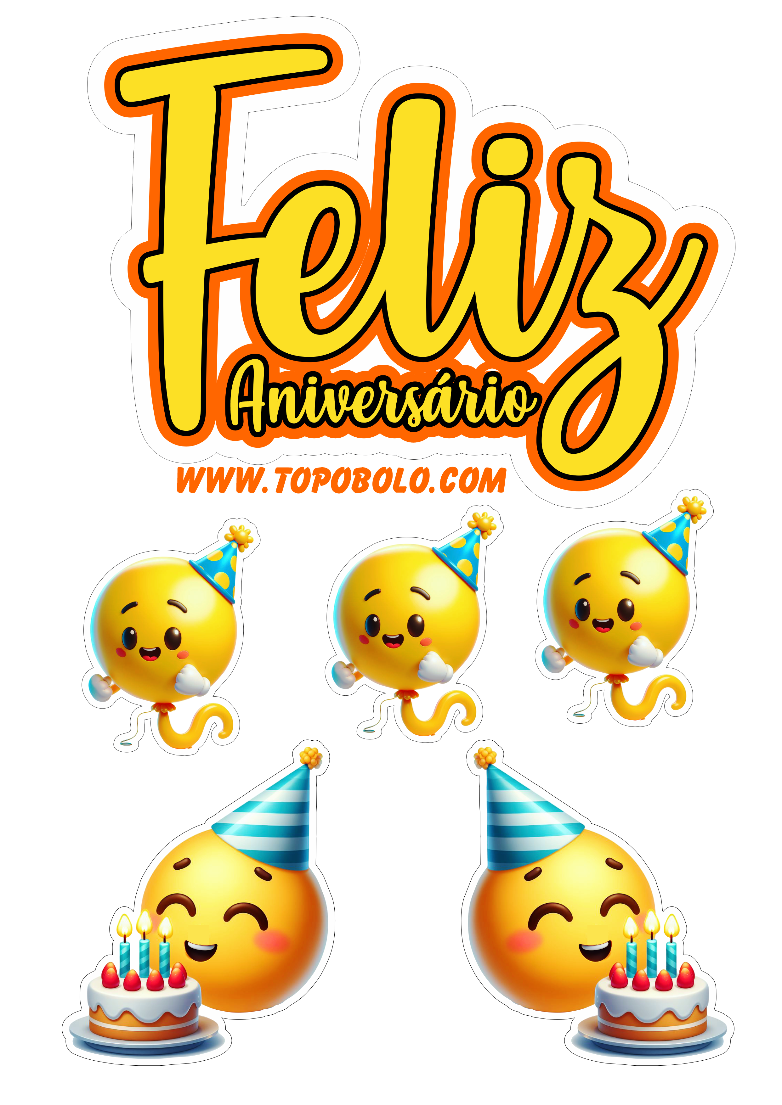 Topo de bolo feliz aniversário emojis engraçados festa pronta papelaria png