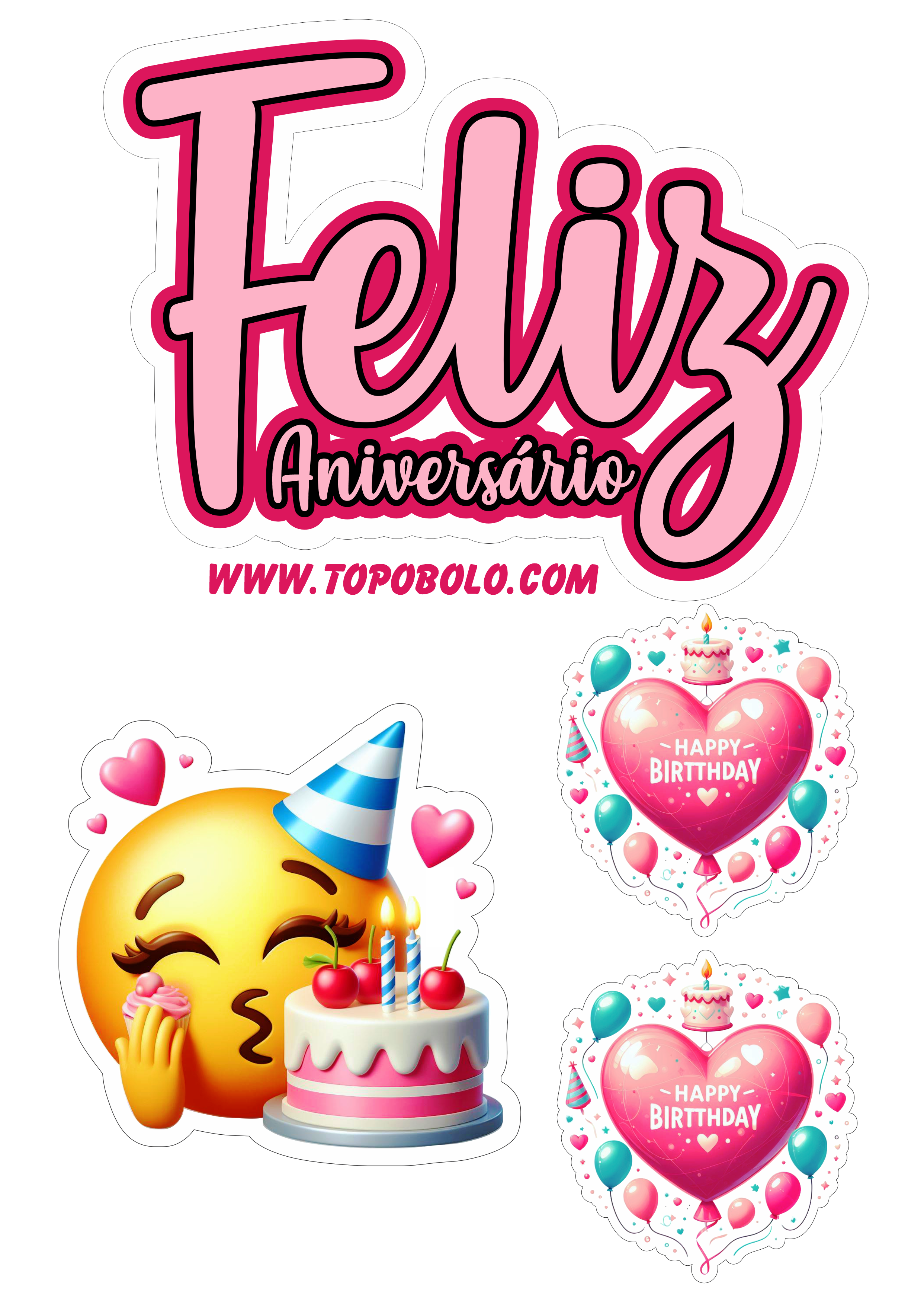 Topo de bolo feliz aniversário emojis engraçados festa pronta papelaria emoticon png
