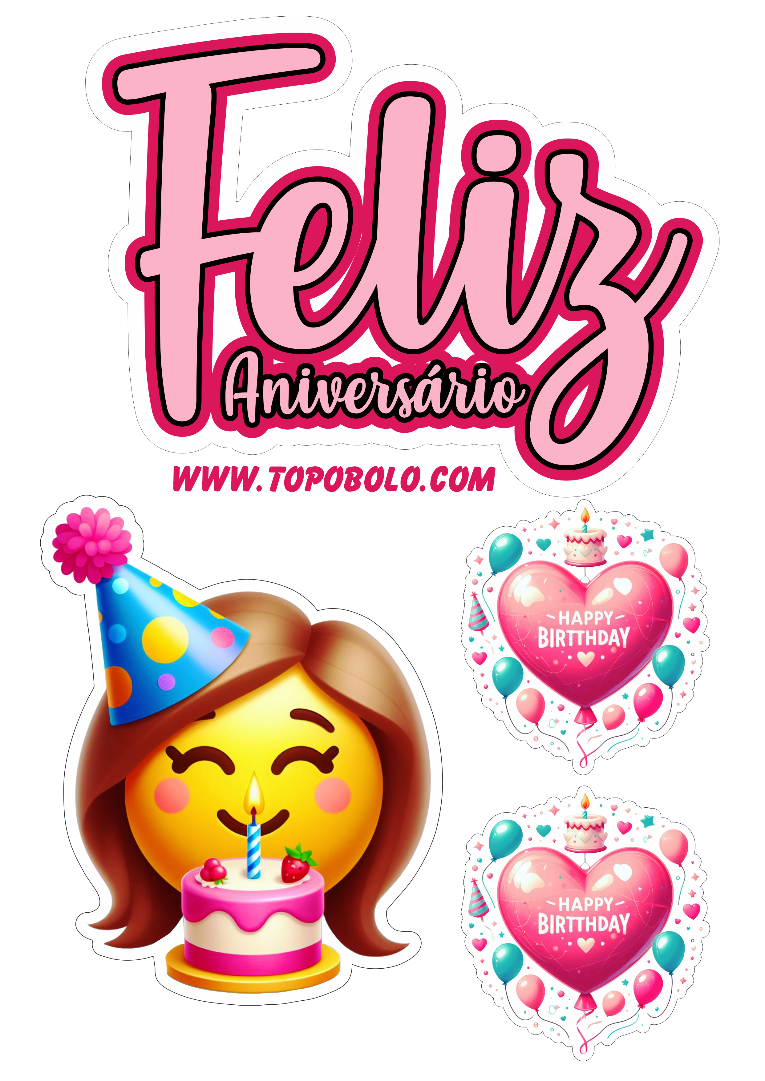 Topo de bolo feliz aniversário emojis engraçados festa pronta papelaria emoticon smiley png