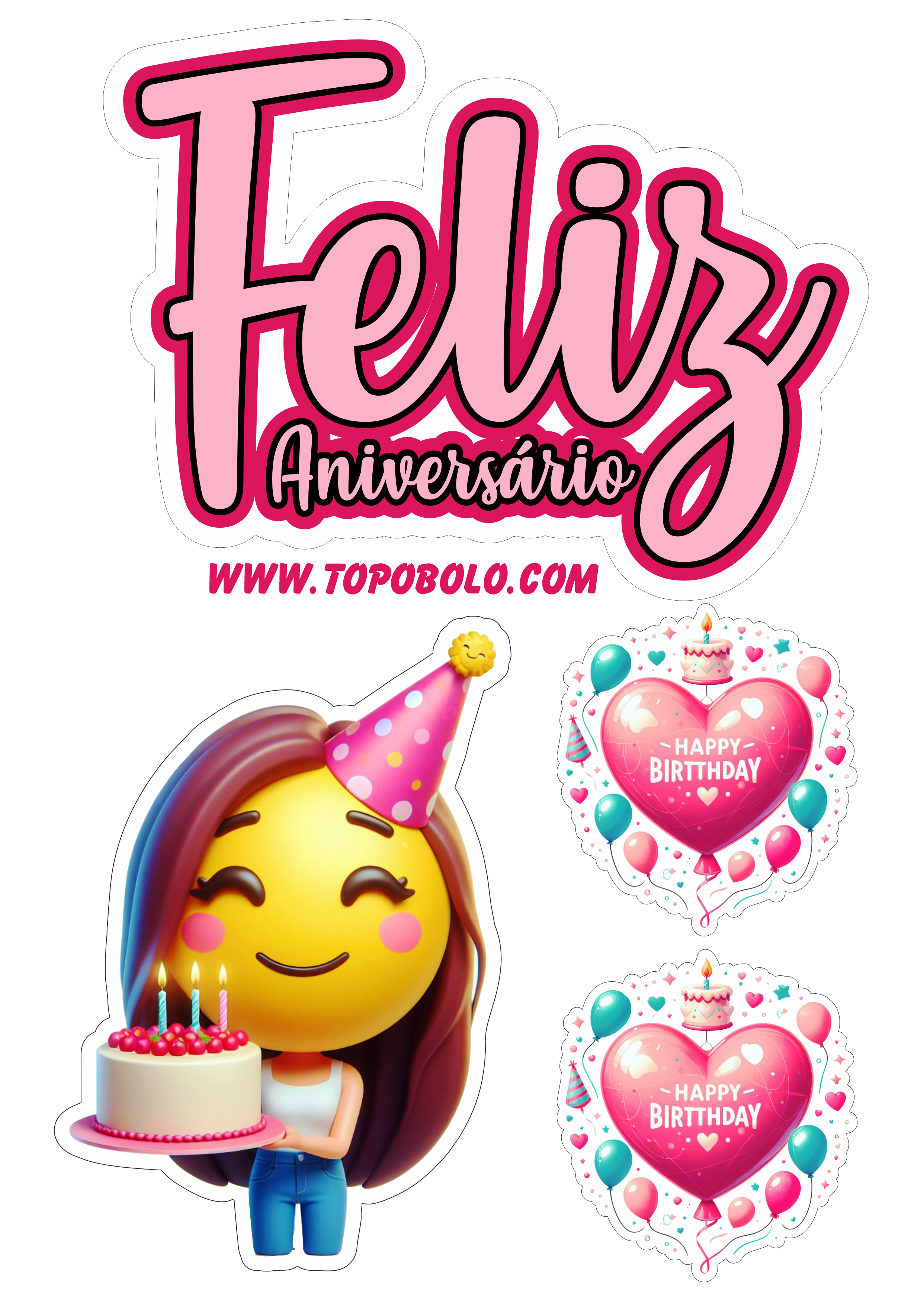 Topo de bolo feliz aniversário emojis engraçados festa pronta papelaria emoticon smiley grátis para imprimir png