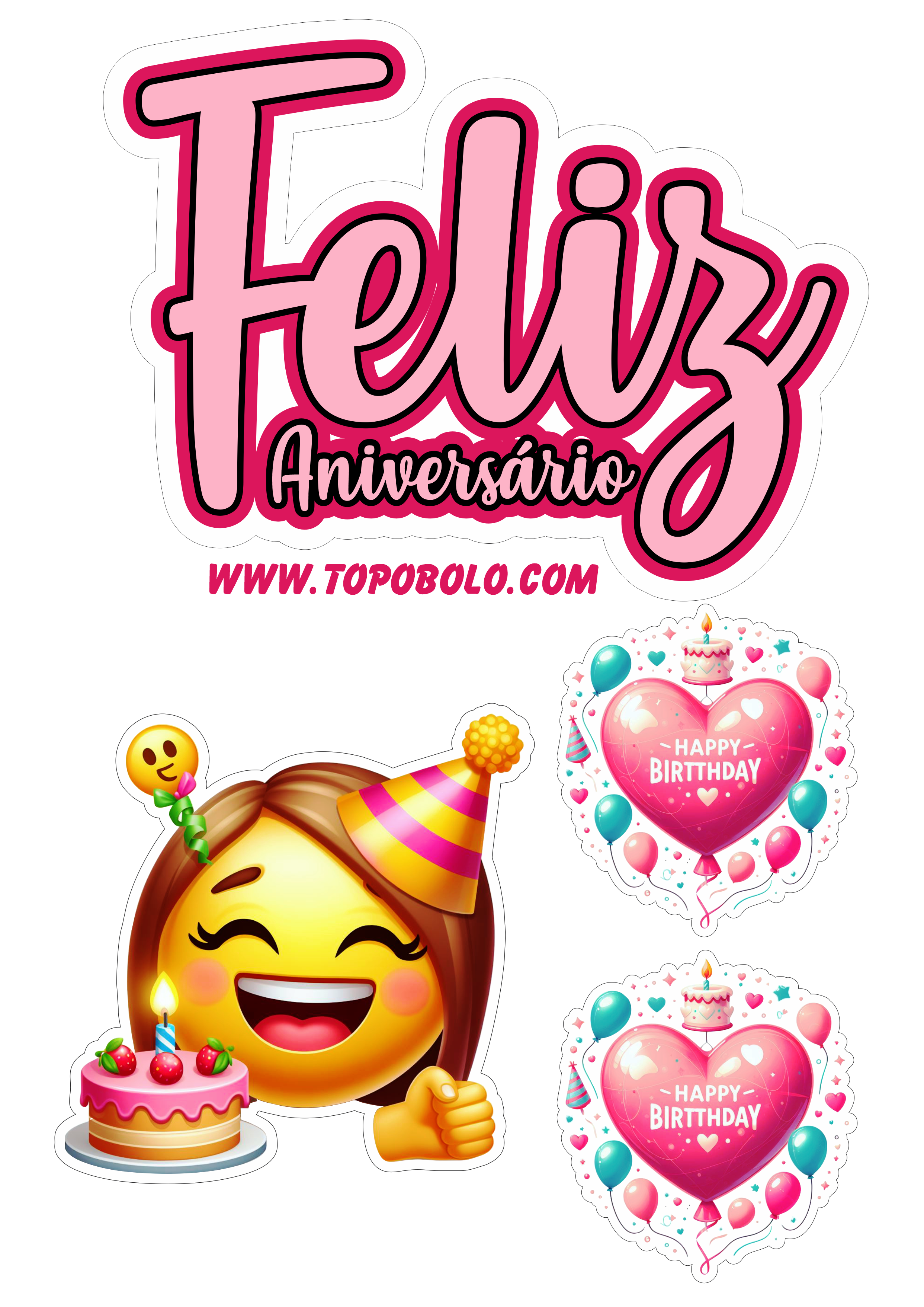 Topo de bolo feliz aniversário emojis engraçados festa pronta papelaria emoticon smiley grátis para imprimir e decorar png