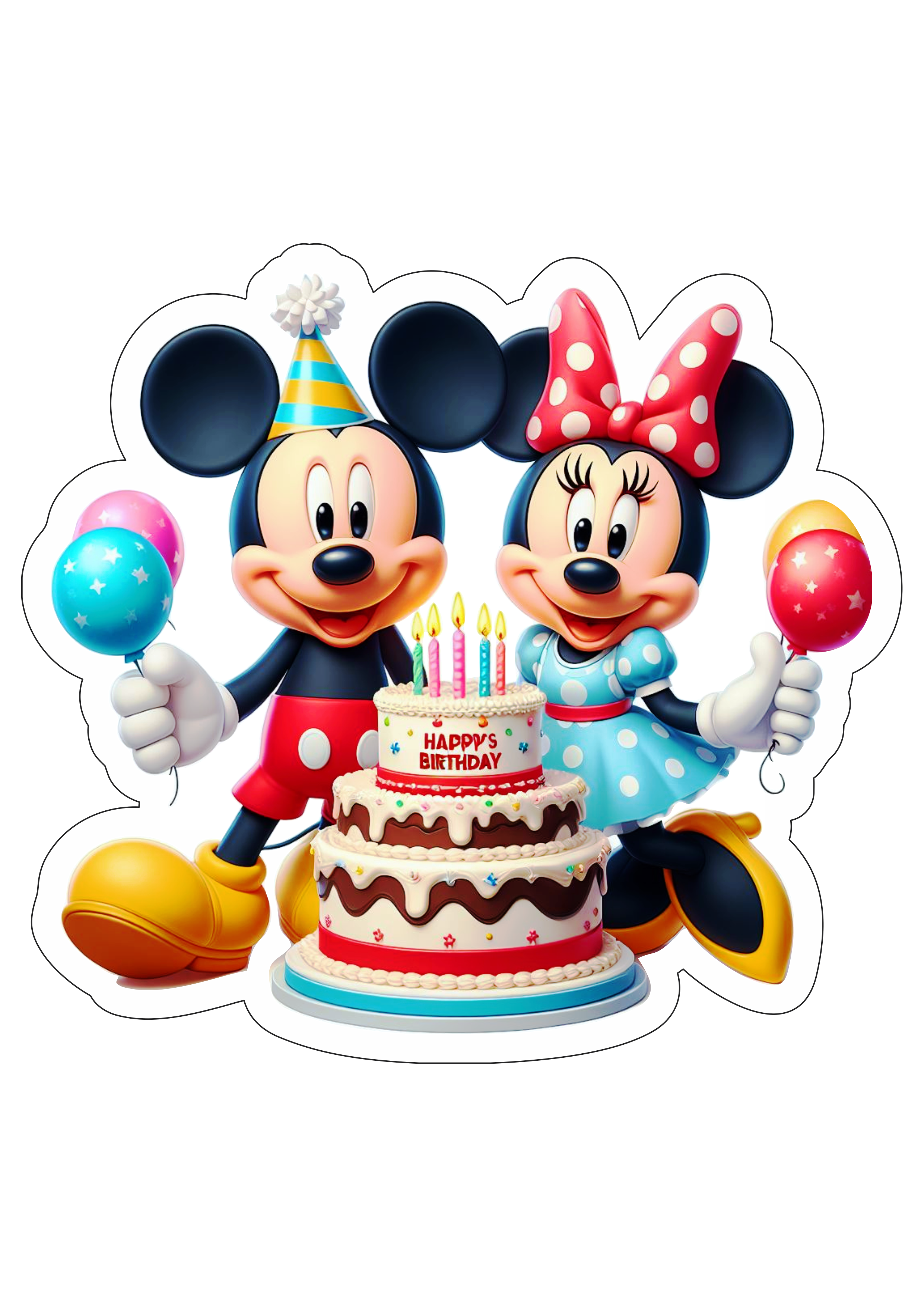 Mickey e Minnie Bolo de aniversário desenho infantil festa comemoração decoração fofinha cute balões png