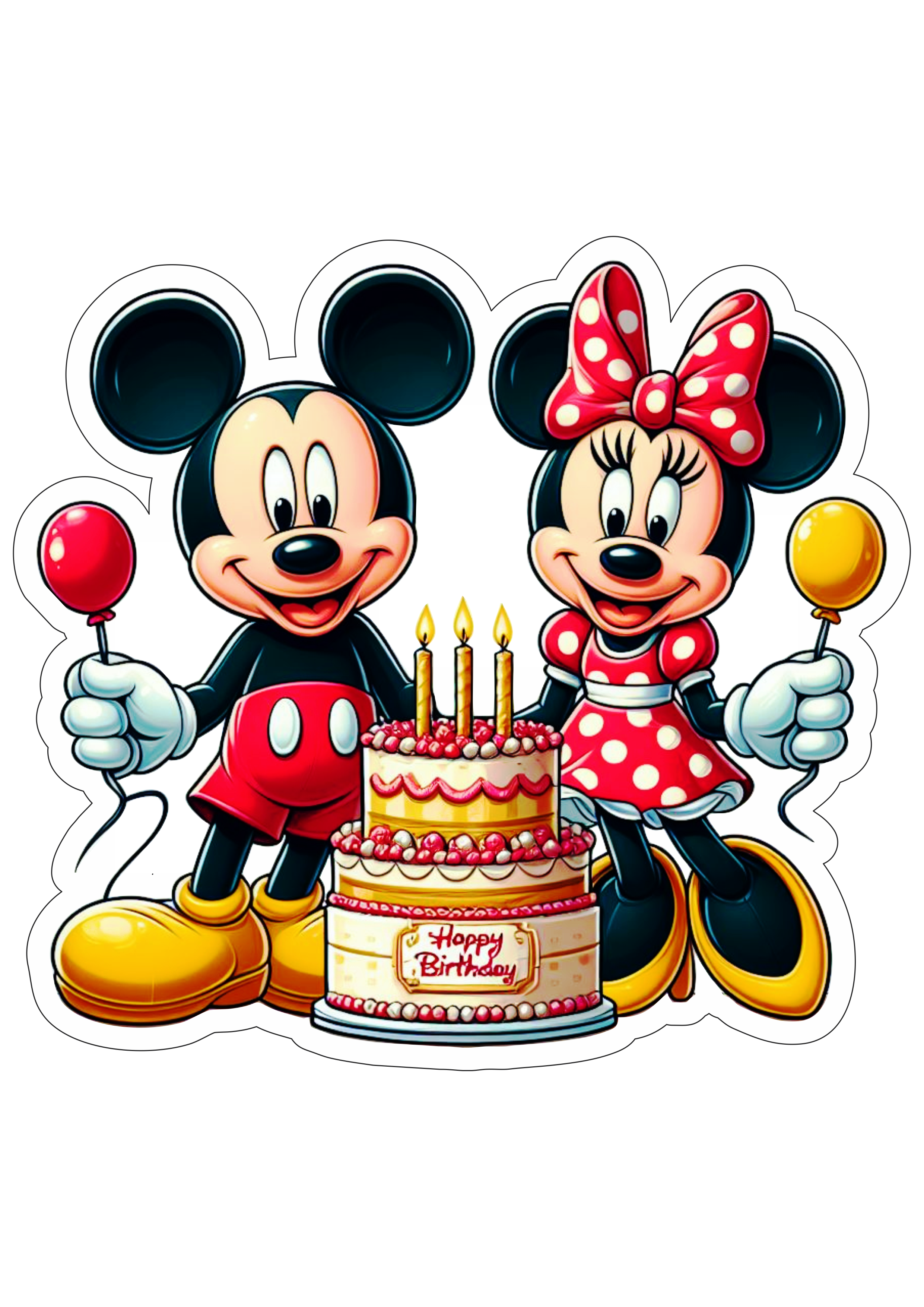 Mickey e Minnie Bolo de aniversário desenho infantil festa comemoração decoração fofinha cute balões pack de imagens png