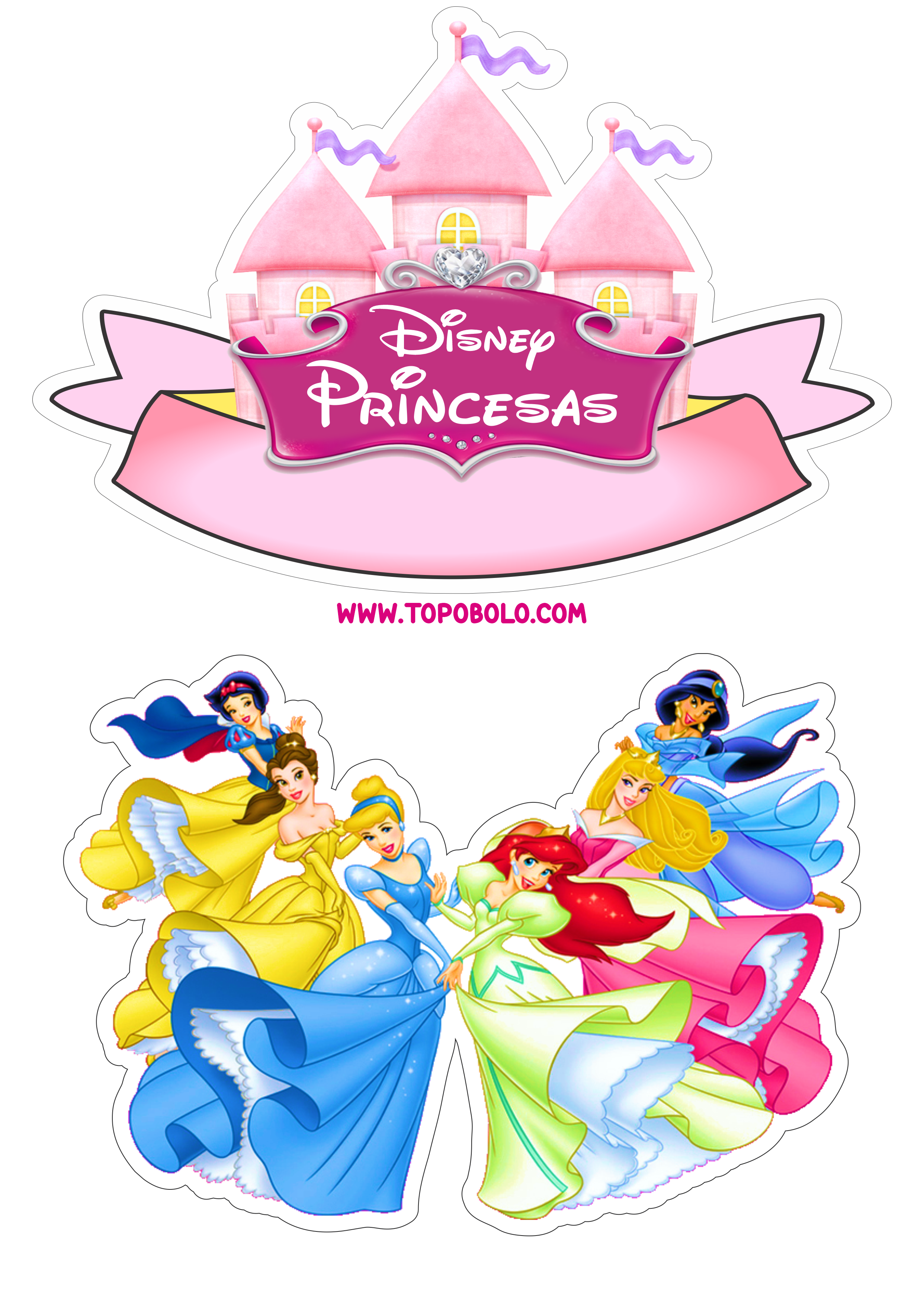 Princesas Disney topo de bolo pronto para imprimir aniversário infantil png