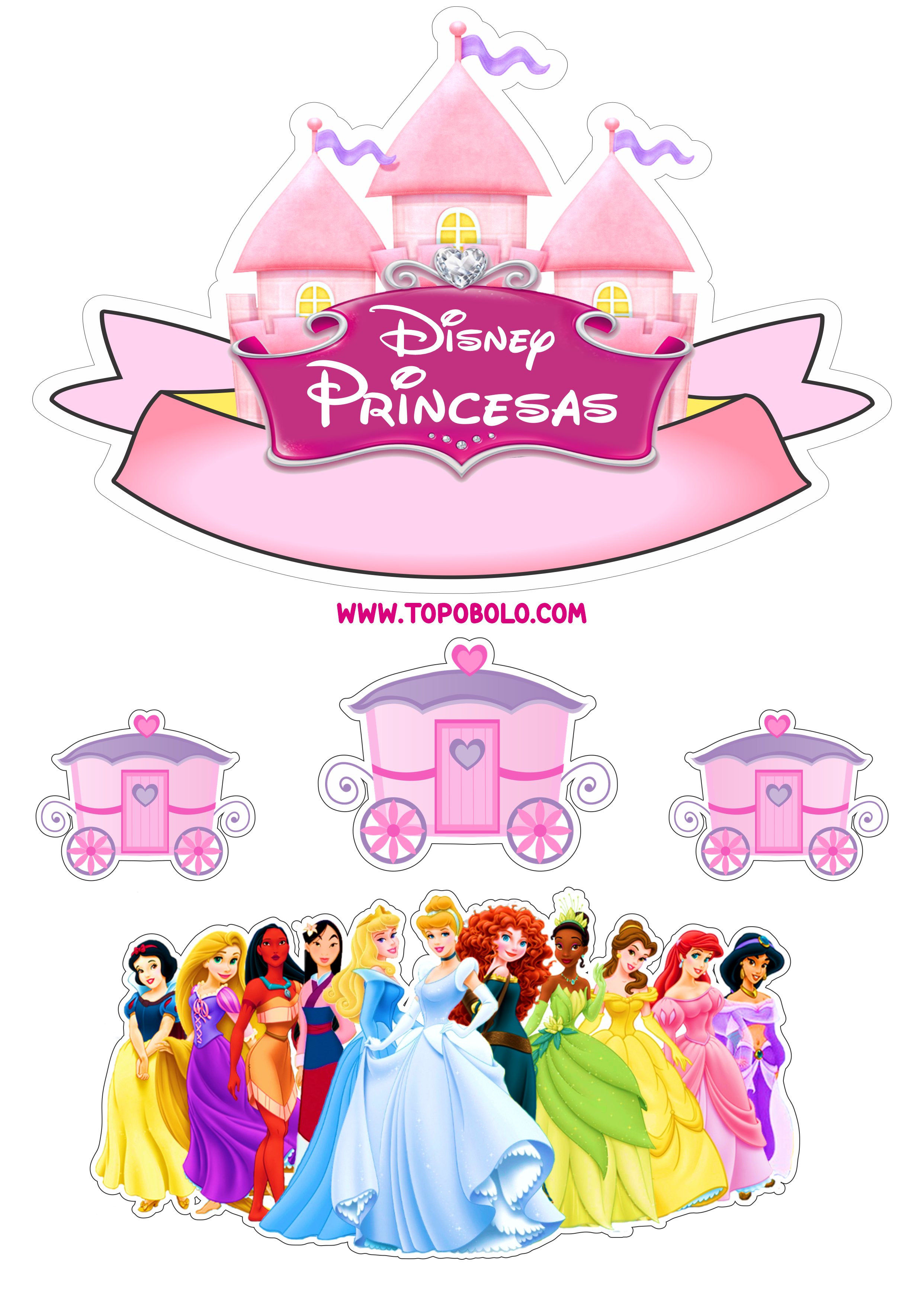 Princesas Disney topo de bolo pronto para imprimir aniversário infantil papelaria png