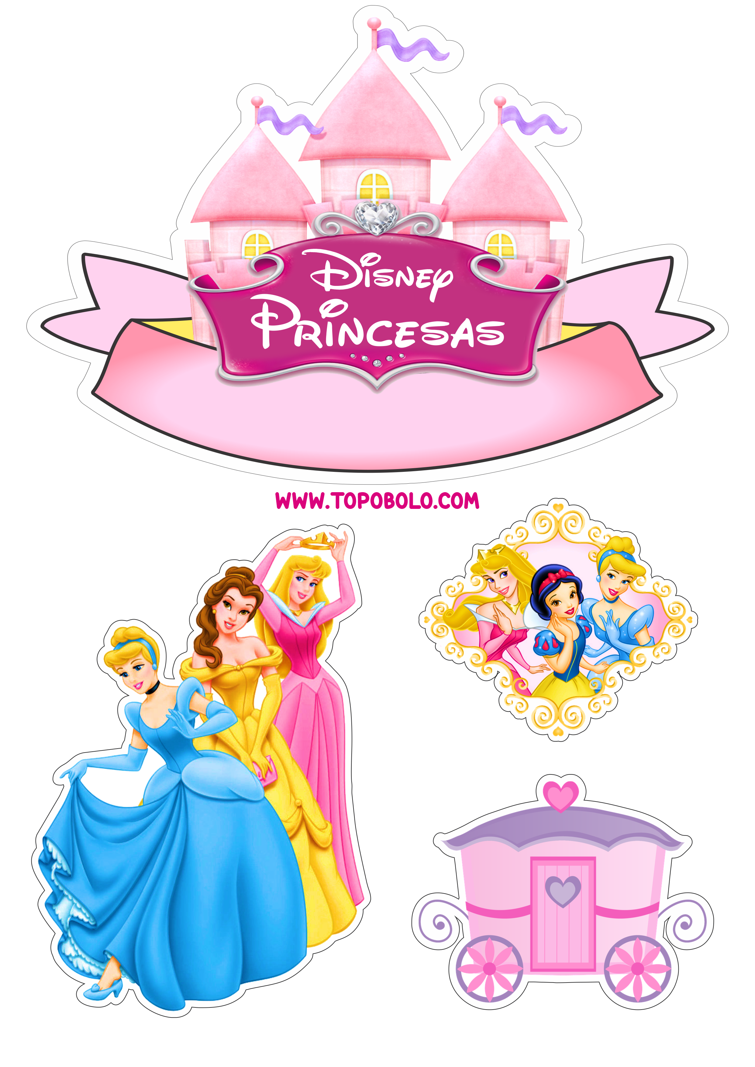 Princesas Disney topo de bolo pronto para imprimir aniversário infantil papelaria criativa png