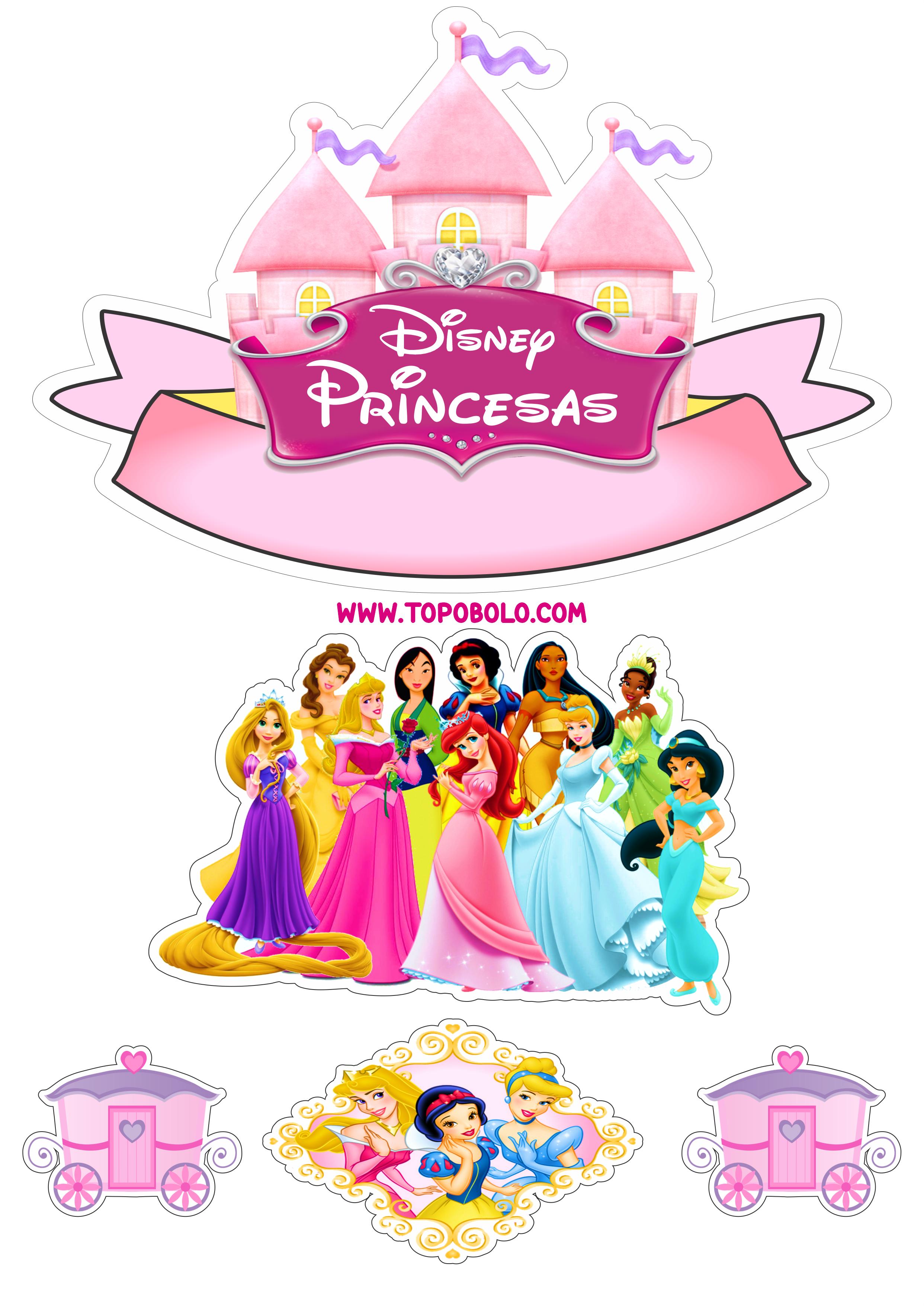 Princesas Disney topo de bolo pronto para imprimir aniversário infantil papelaria criativa assistir online png