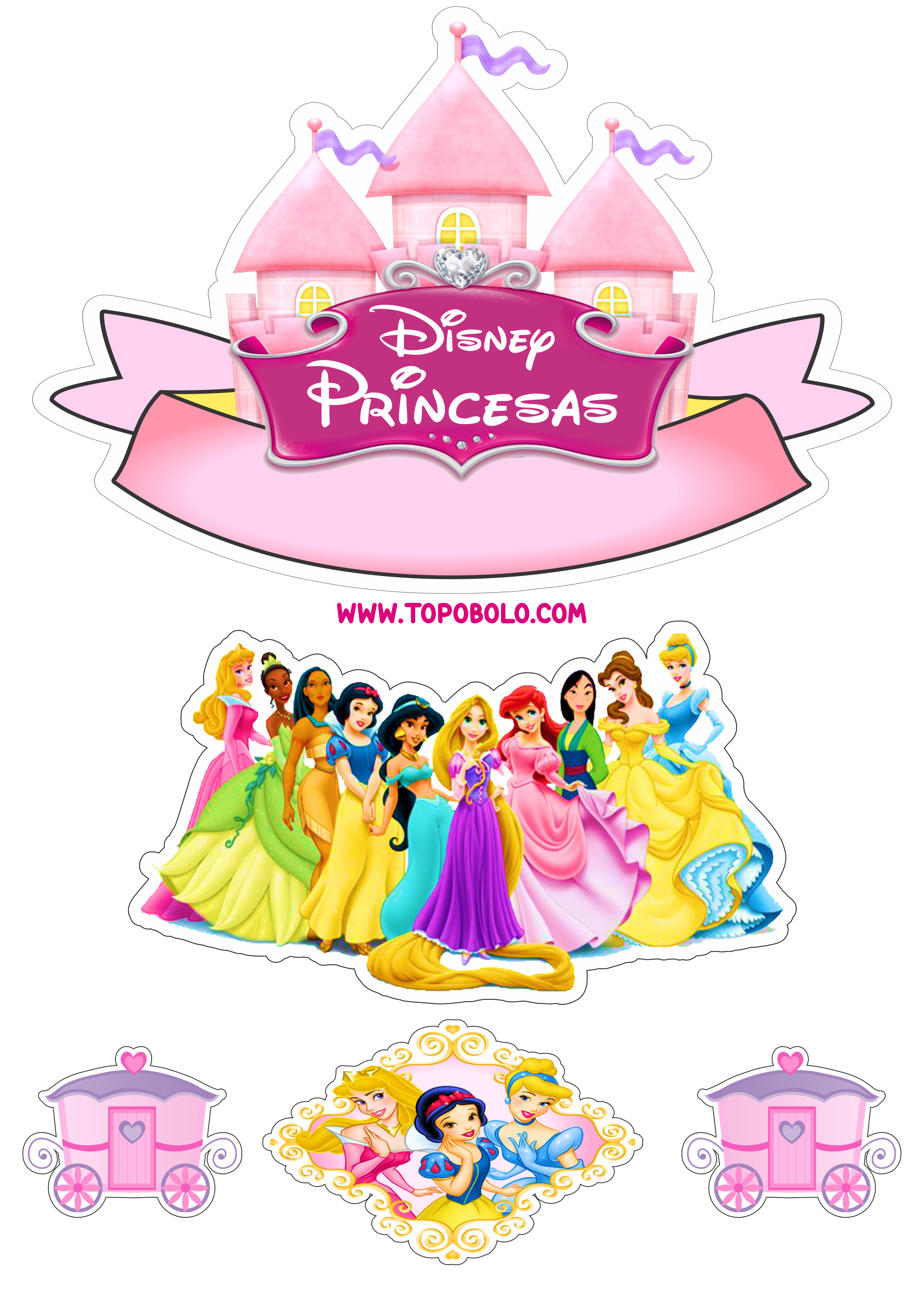 Princesas Disney topo de bolo pronto para imprimir aniversário infantil papelaria criativa fazendo a nossa festa png
