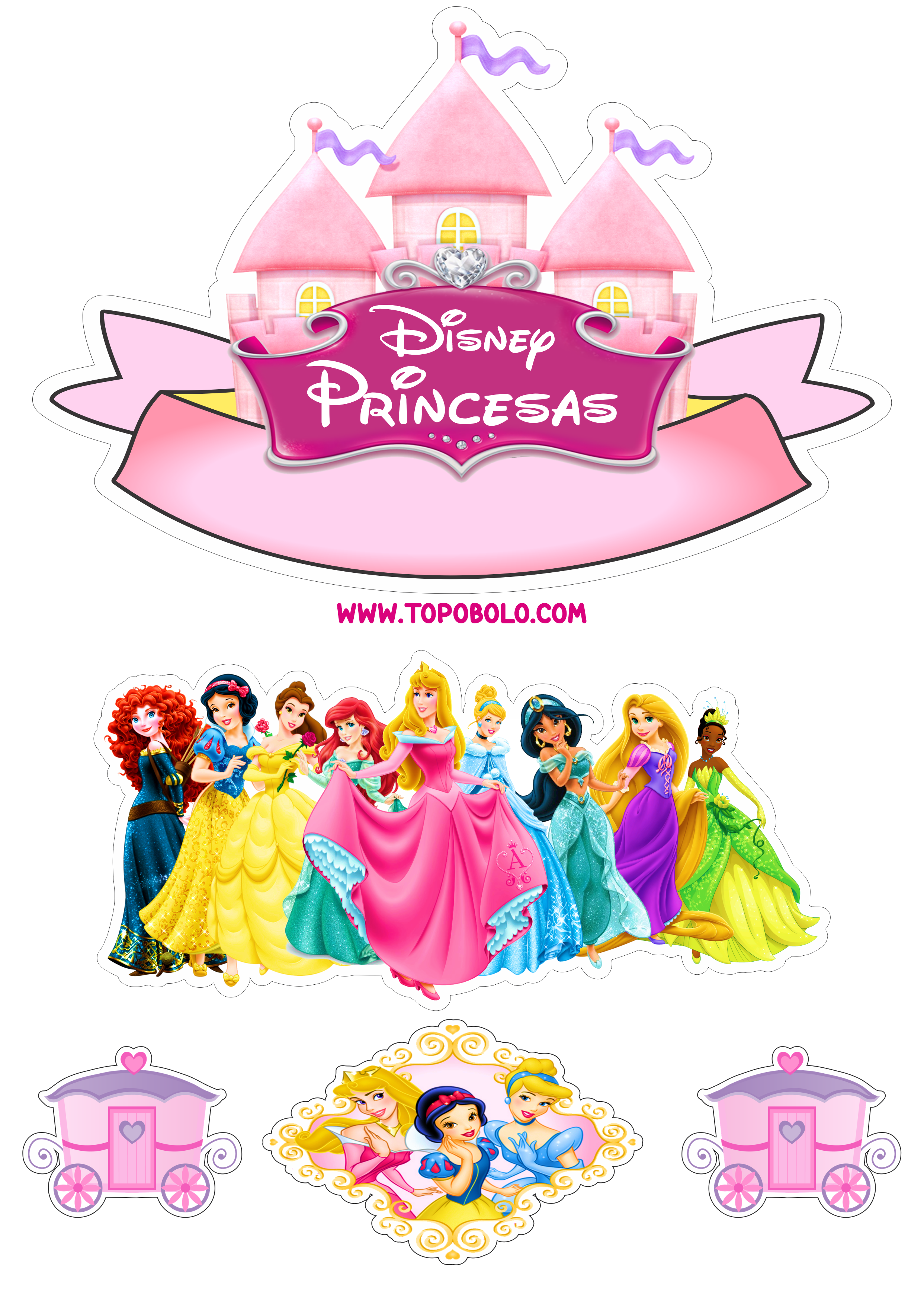 Princesas Disney topo de bolo pronto para imprimir aniversário infantil papelaria criativa festa pronta png