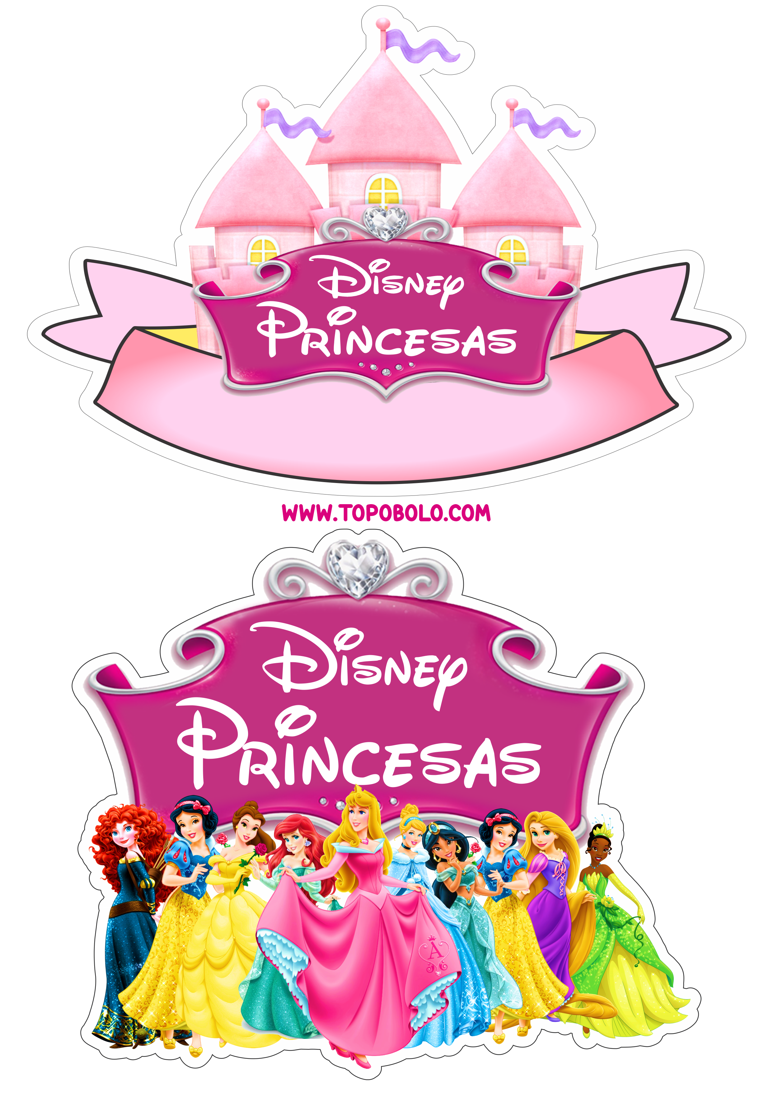 Princesas Disney topo de bolo pronto para imprimir aniversário infantil papelaria criativa artes gráficas png