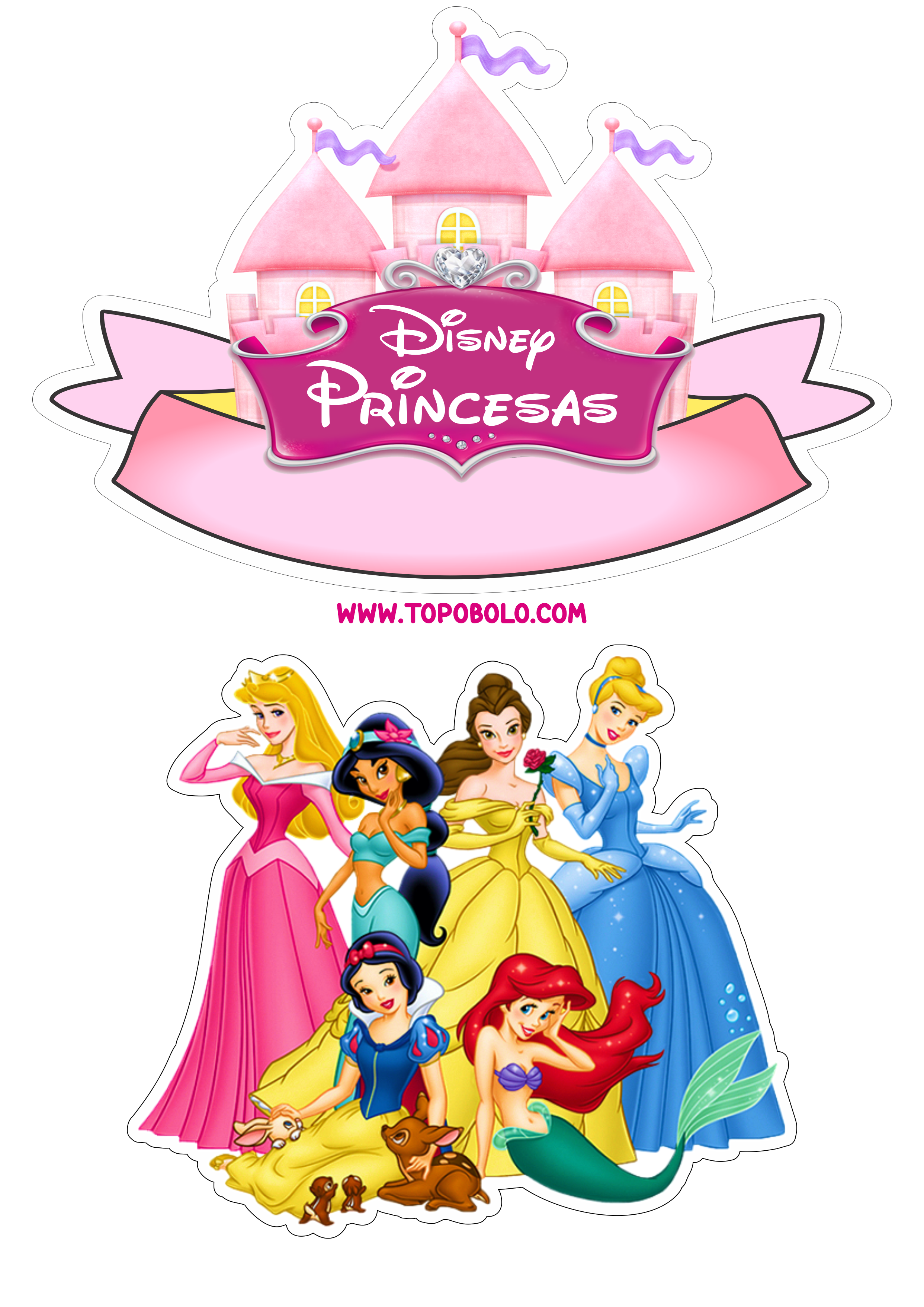 Princesas Disney topo de bolo pronto para imprimir aniversário infantil papelaria criativa artes gráficas renda extra png