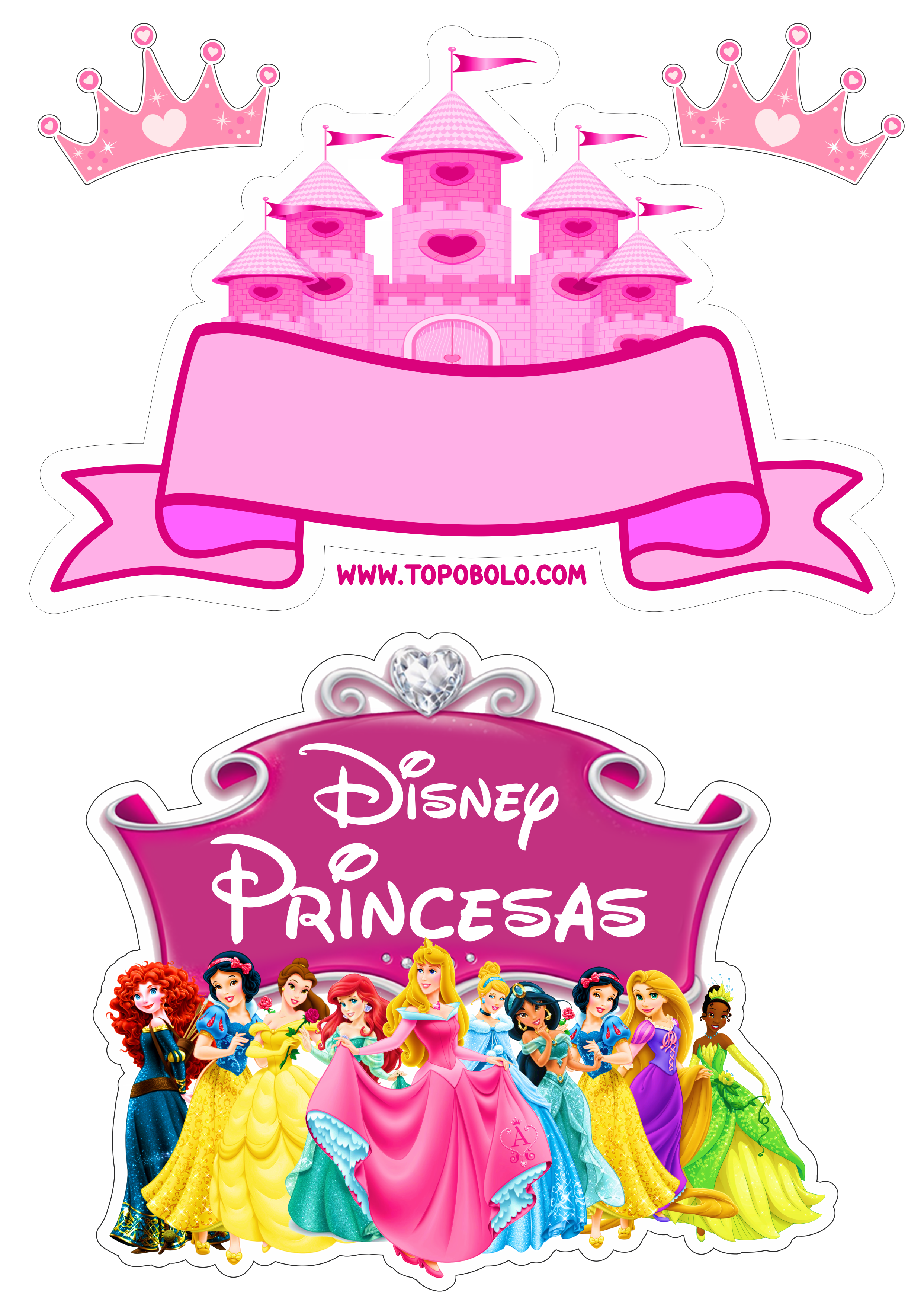 Topo de bolo princesas disney baby decoração de festa infantil pronto para imprimir papelaria criativa coroa png