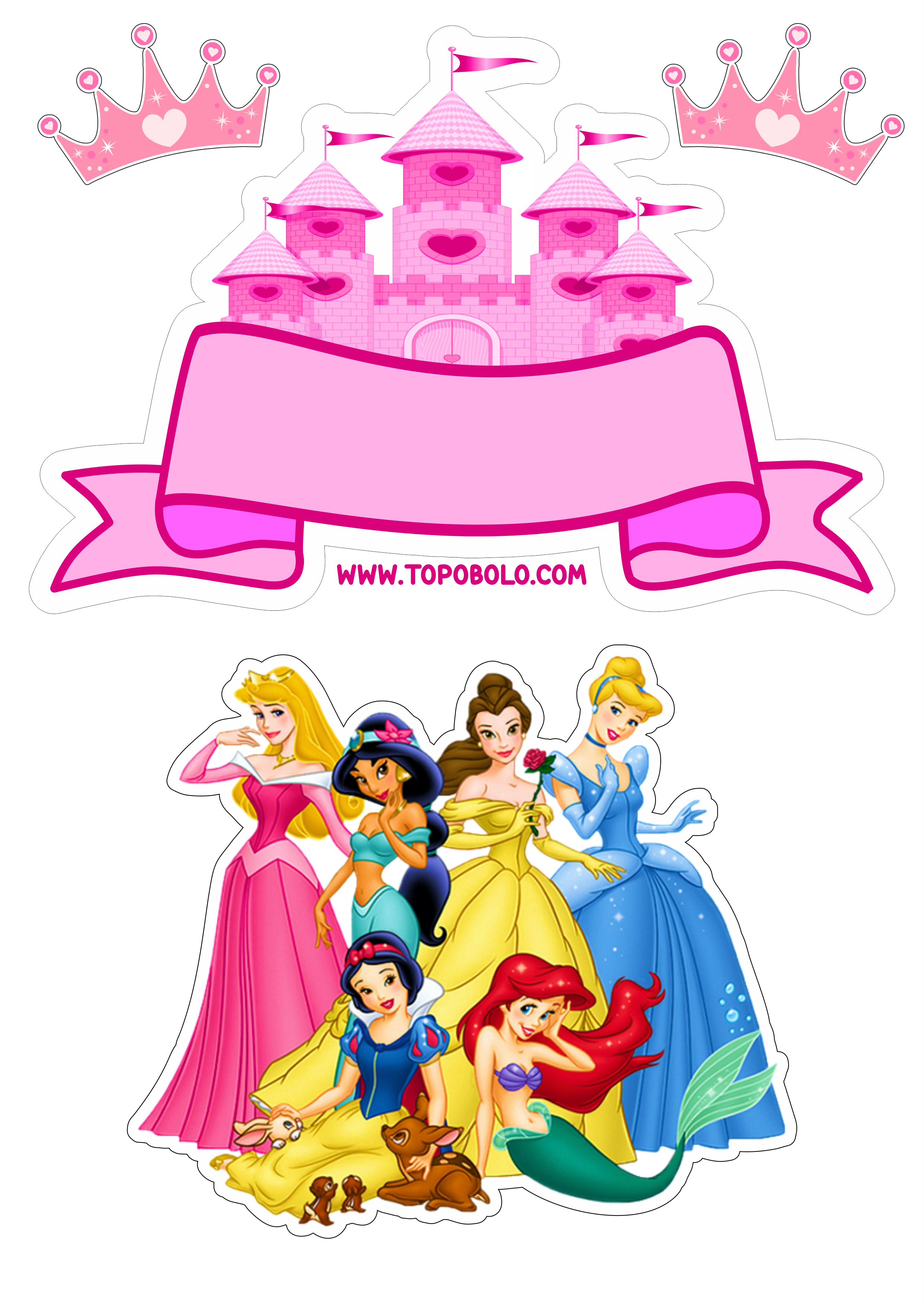 Topo de bolo princesas disney baby decoração de festa infantil pronto para imprimir papelaria criativa coroa artes gráficas png