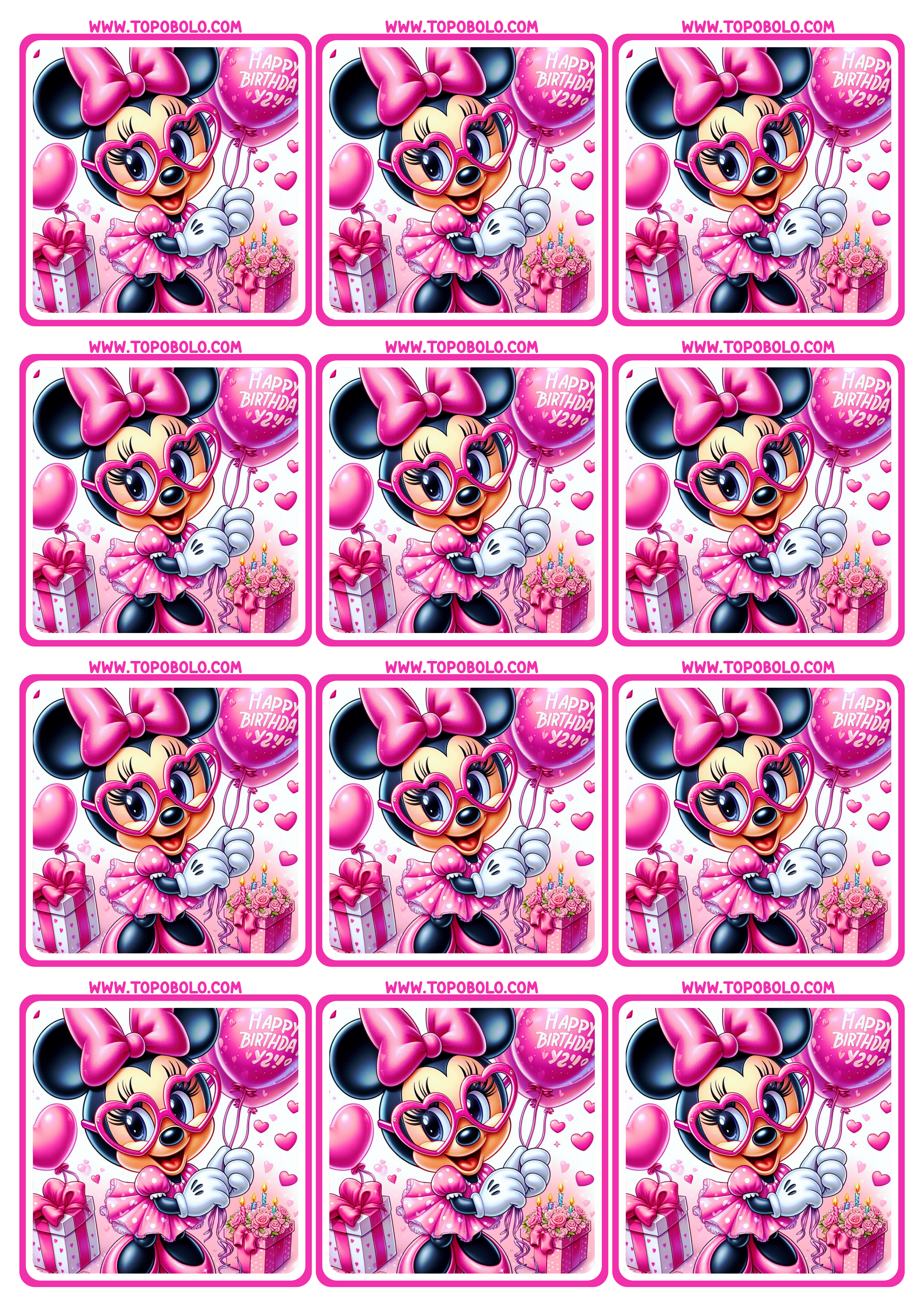 Minnie mouse Rosa tags de aniversário adesivo para imprimir disney imagens fofinhas 12 imagens png