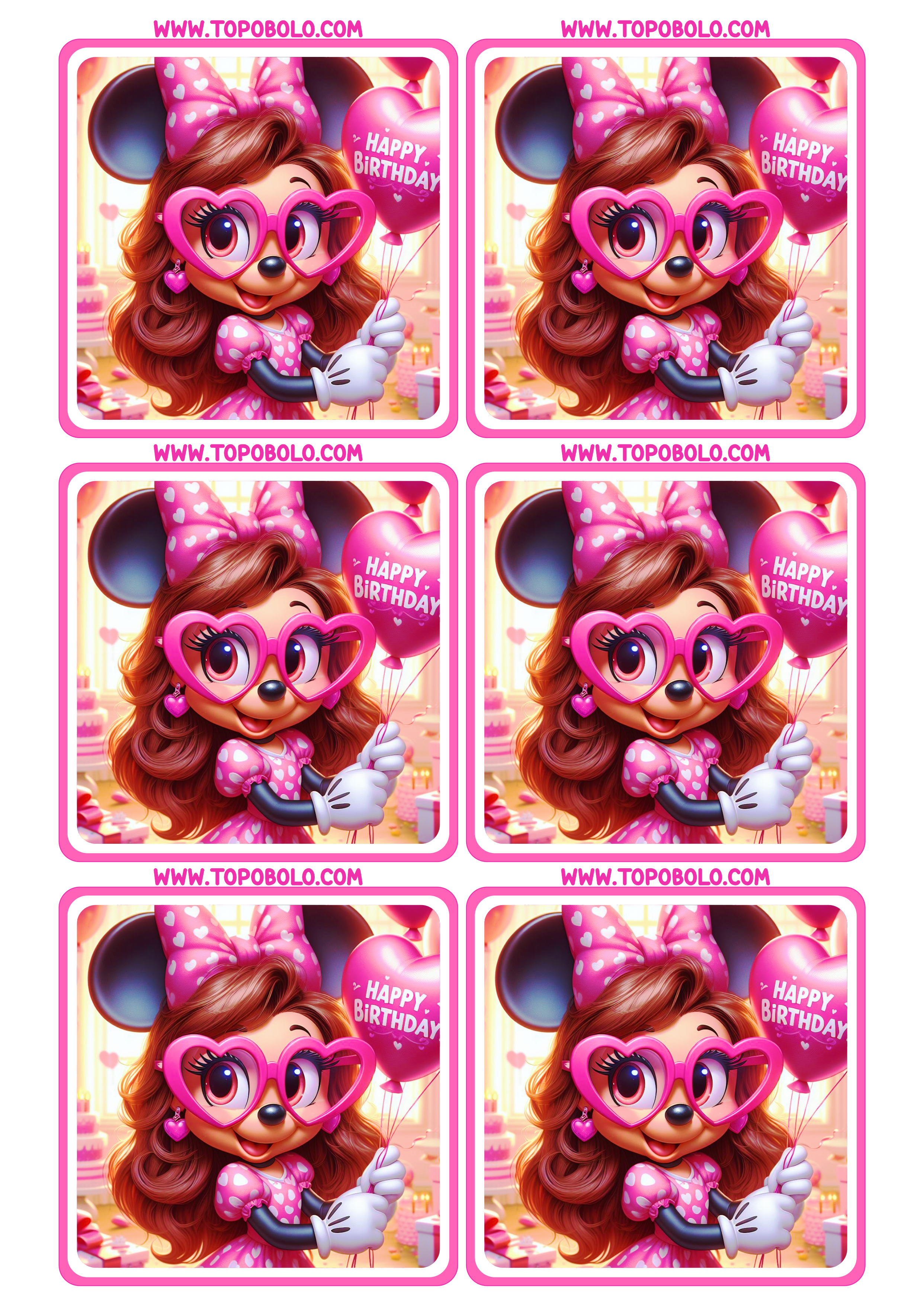 Minnie mouse Rosa tags de aniversário adesivo quadrado para imprimir disney imagens fofinhas 6 imagens png