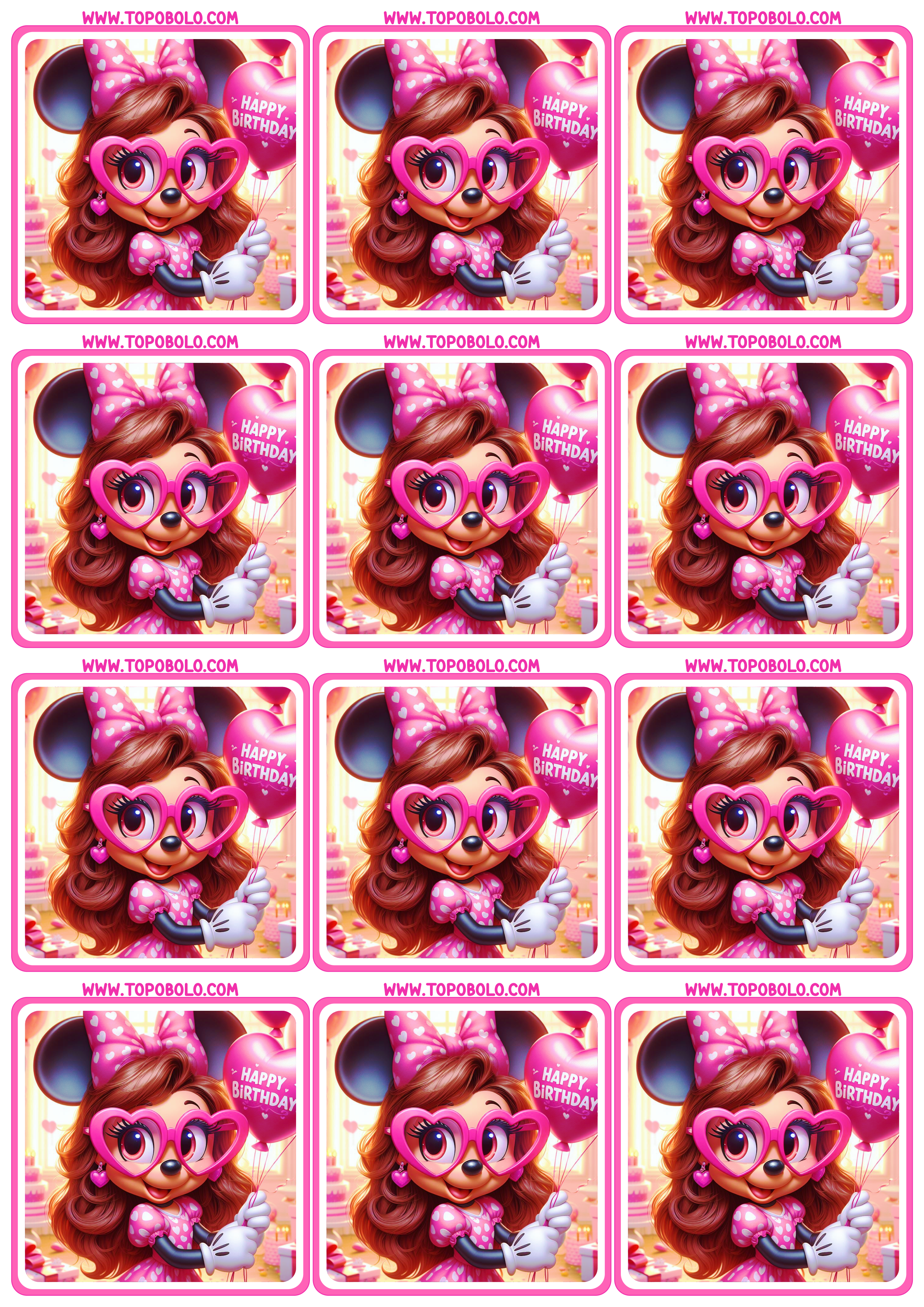 Minnie mouse Rosa tags de aniversário adesivo quadrado para imprimir disney imagens fofinhas 12 imagens png
