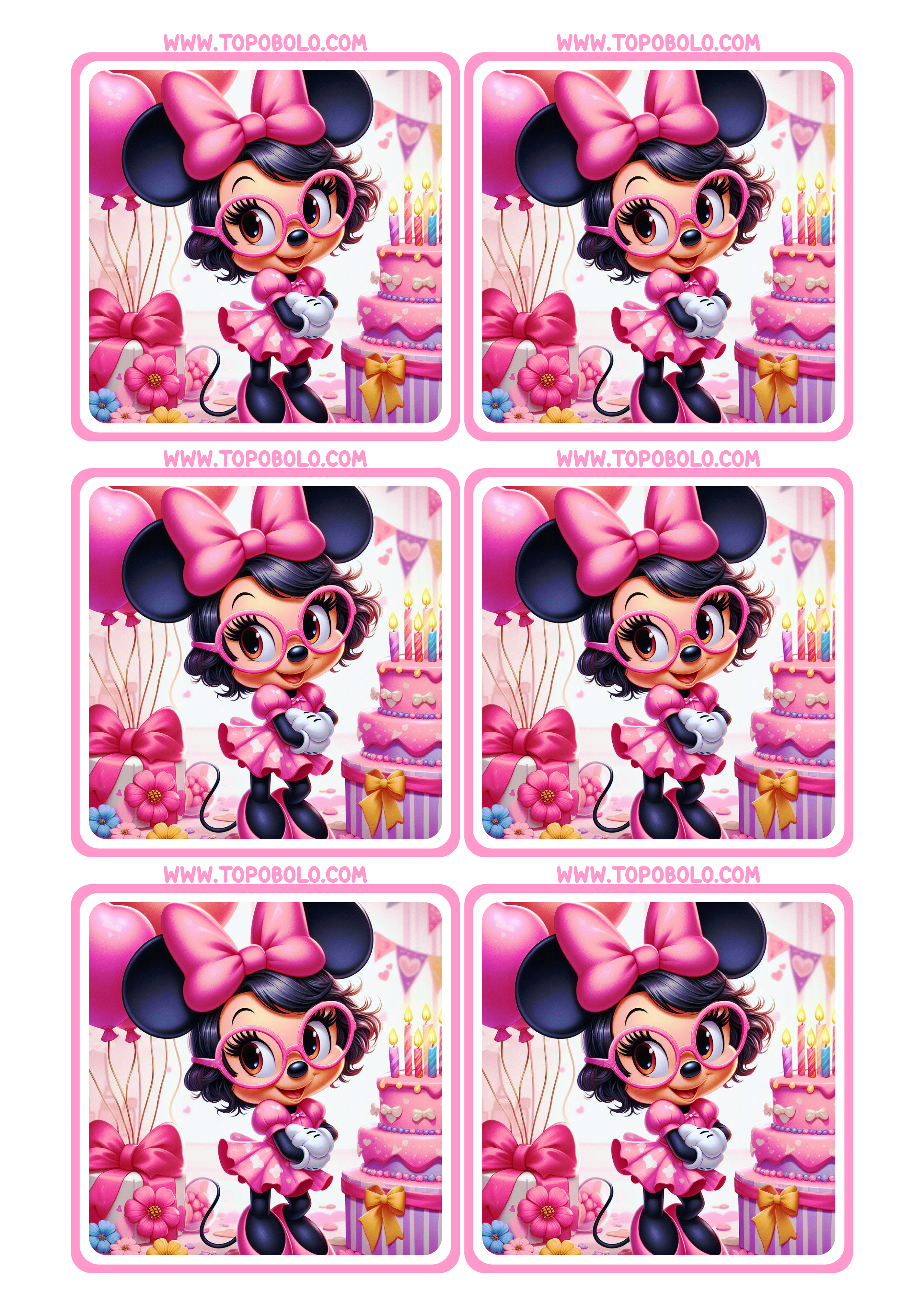 Minnie mouse Rosa tags de aniversário adesivo para imprimir 6 imagens png