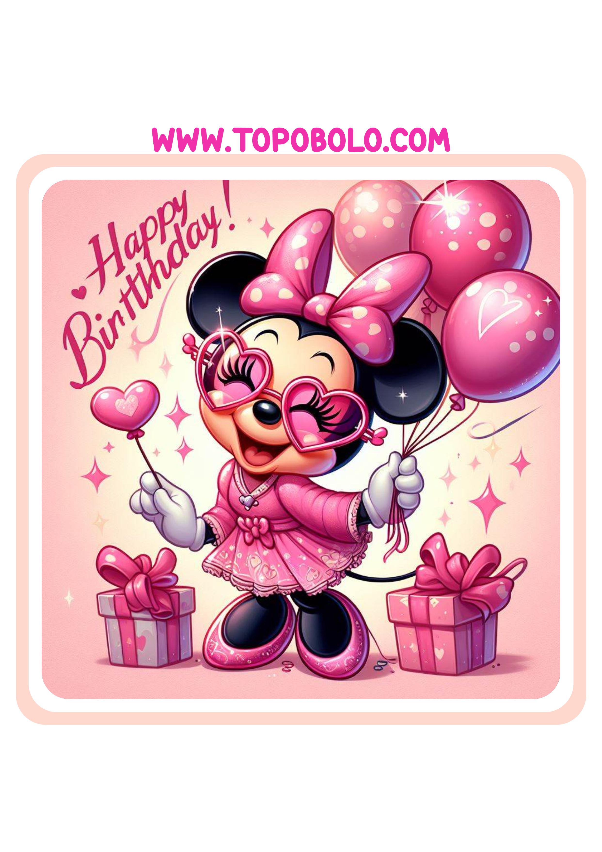 Minnie mouse Rosa tags de aniversário adesivo quadrado para imprimir disney imagens fofinhas com balões png