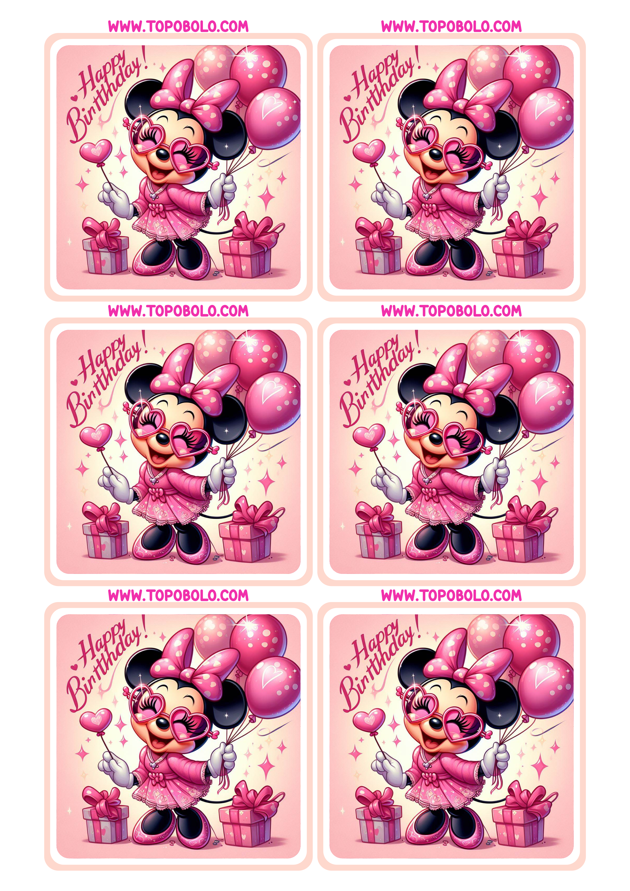 Minnie mouse Rosa tags de aniversário adesivo quadrado para imprimir disney imagens fofinhas com balões 6 imagens png