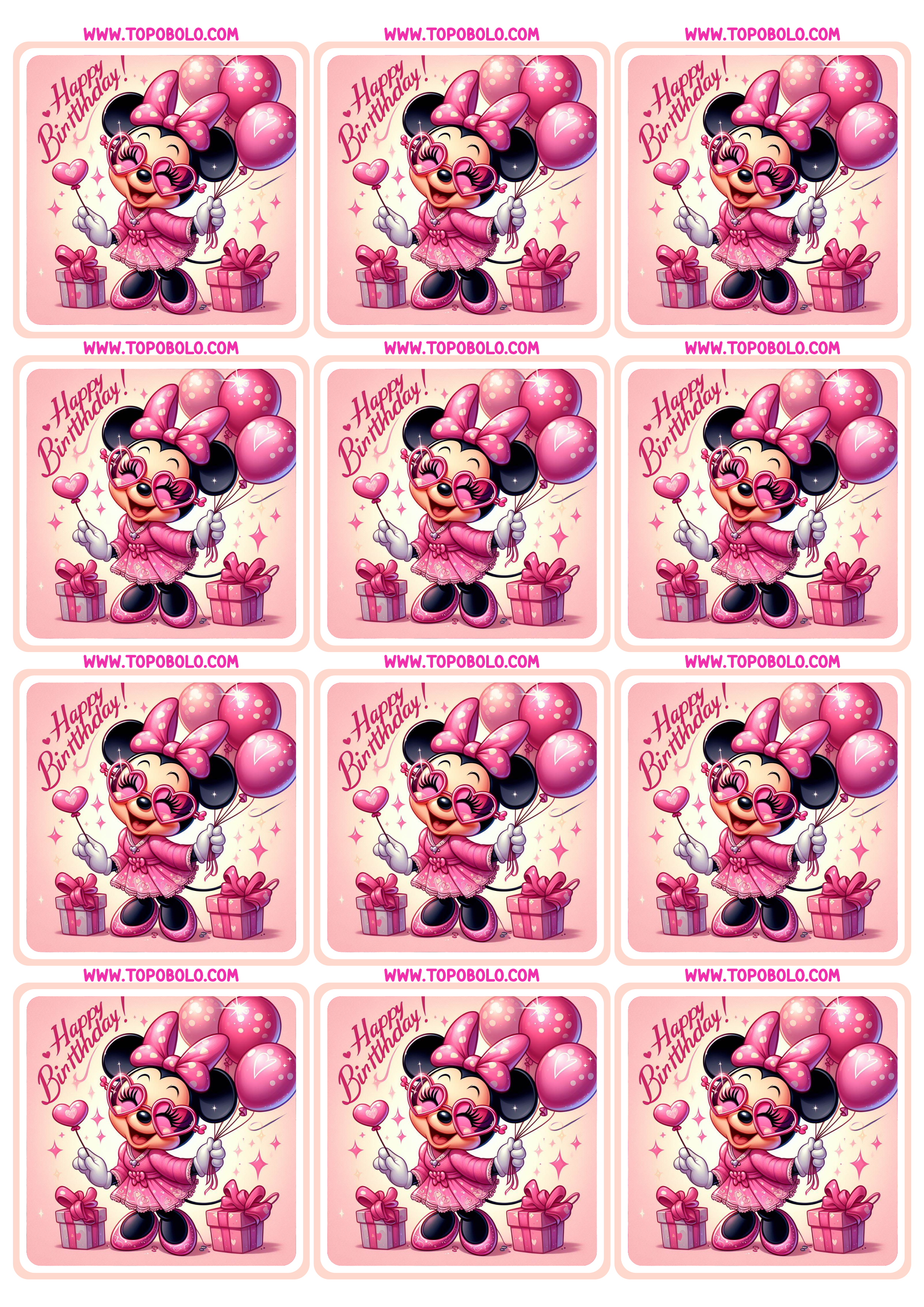Minnie mouse Rosa tags de aniversário adesivo quadrado para imprimir disney imagens fofinhas com balões 12 imagens png