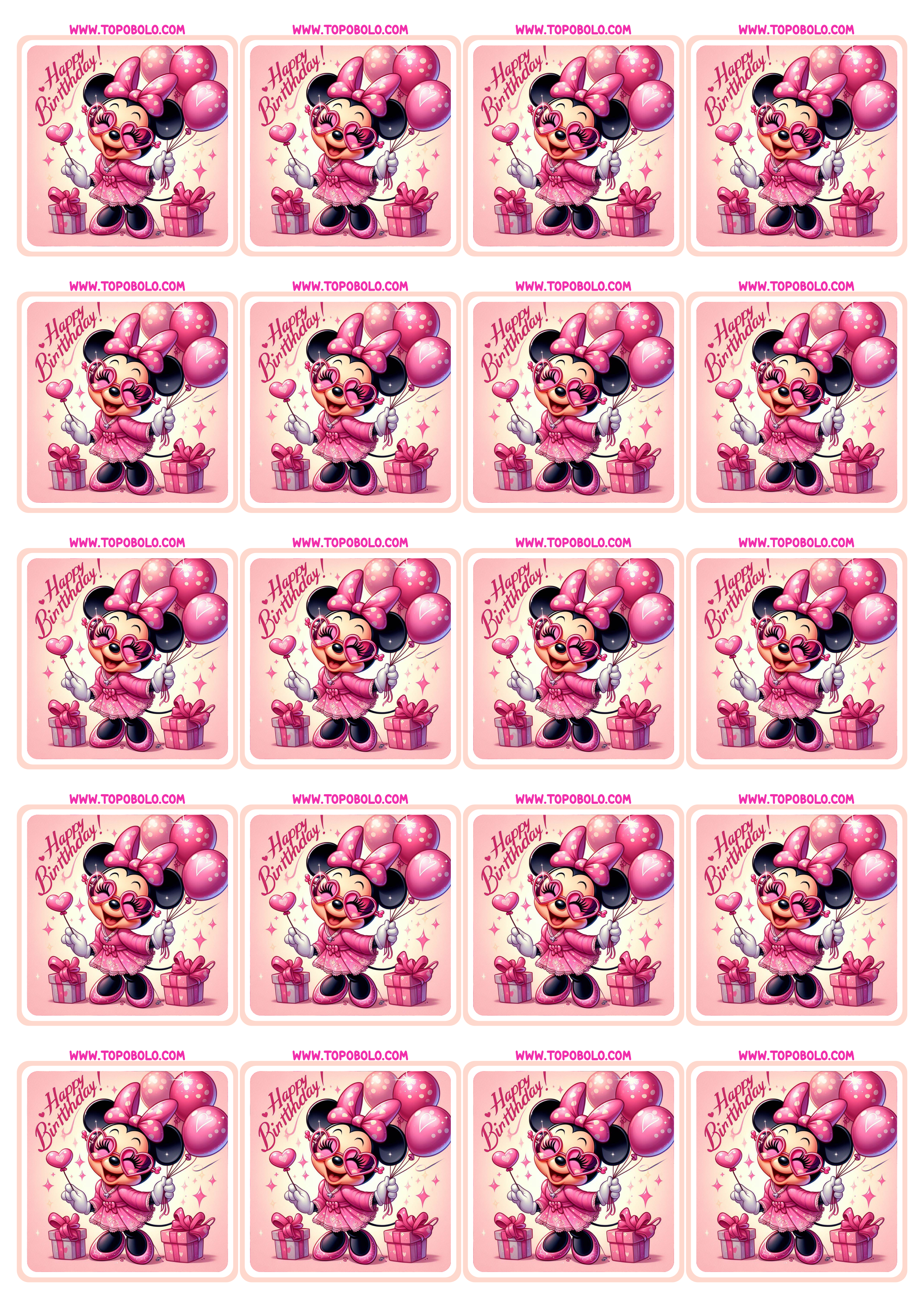 Minnie mouse Rosa tags de aniversário adesivo quadrado para imprimir disney imagens fofinhas com balões 20 imagens png