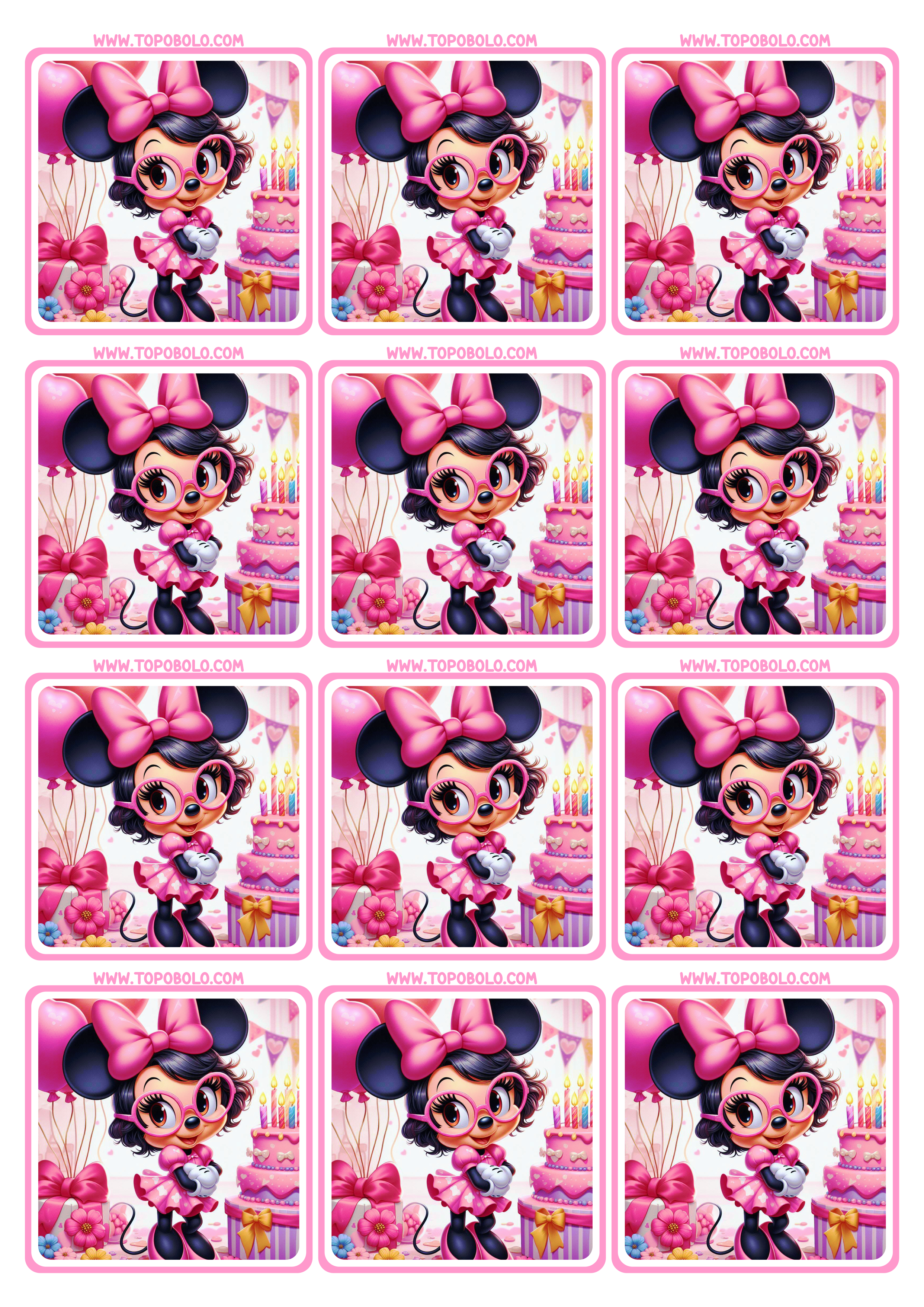 Minnie mouse Rosa tags de aniversário adesivo para imprimir 12 imagens png